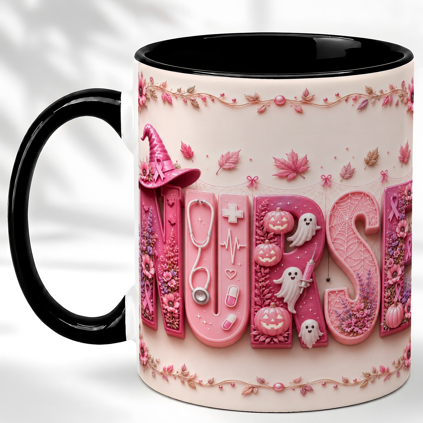 #pl[11oz|Black] Nurse Halloween Coffee Mug, Pink Ribbon Mug, Ceramic Cup