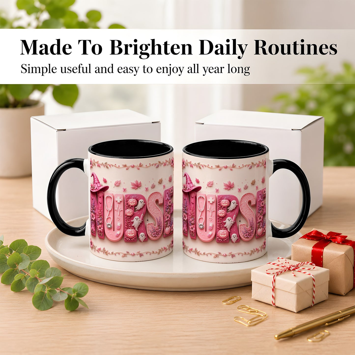 #pl[11oz|Black] Nurse Halloween Coffee Mug, Pink Ribbon Mug, Ceramic Cup