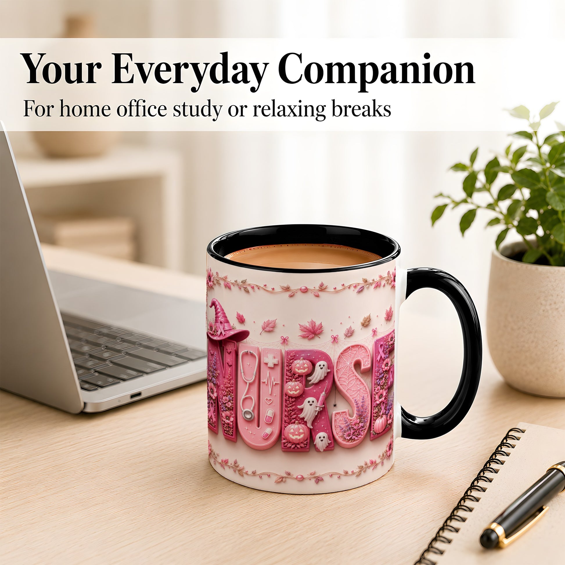 #pl[11oz|Black] Nurse Halloween Coffee Mug, Pink Ribbon Mug, Ceramic Cup