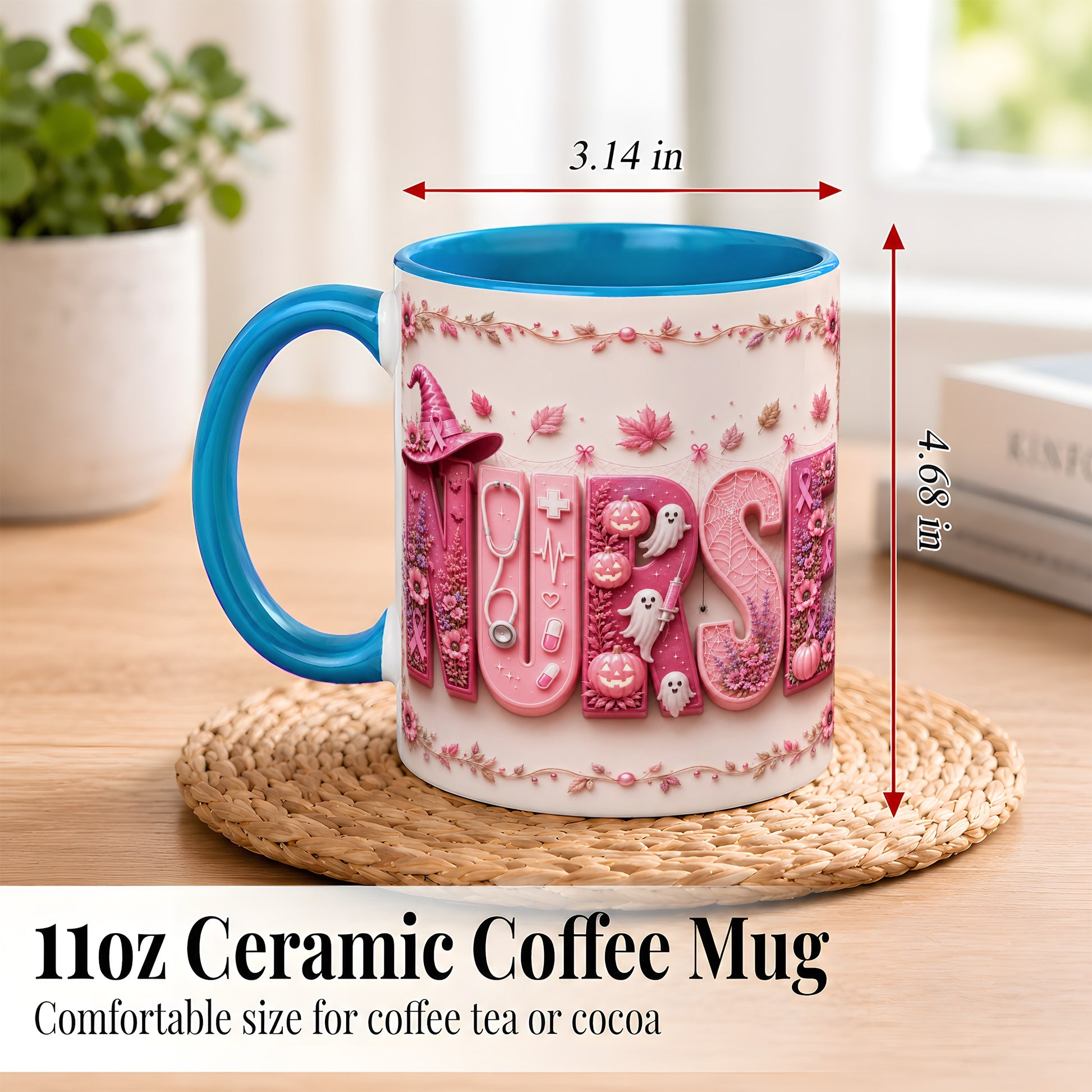 #pl[11oz|Blue] Nurse Halloween Coffee Mug, Pink Ribbon Mug, Ceramic Cup