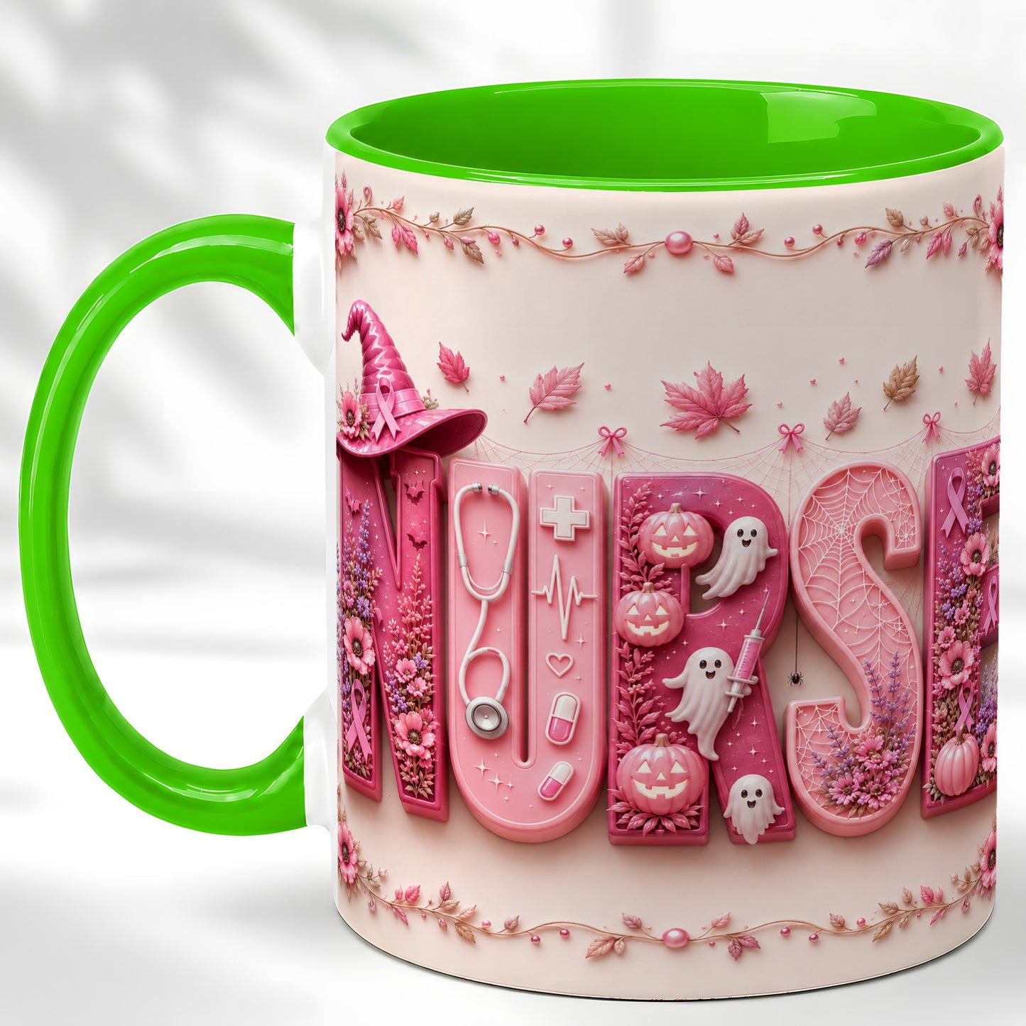 #pl[11oz|Green] Nurse Halloween Coffee Mug, Pink Ribbon Mug, Ceramic Cup