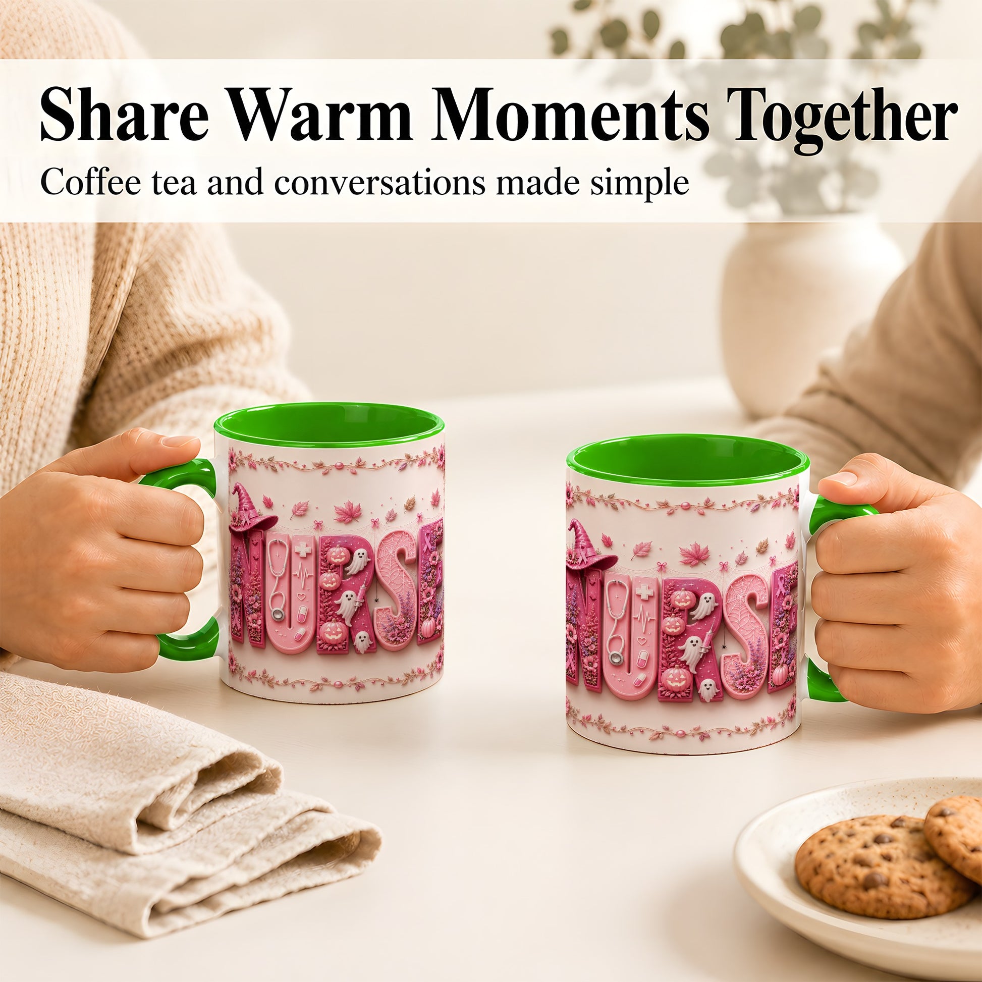 #pl[11oz|Green] Nurse Halloween Coffee Mug, Pink Ribbon Mug, Ceramic Cup