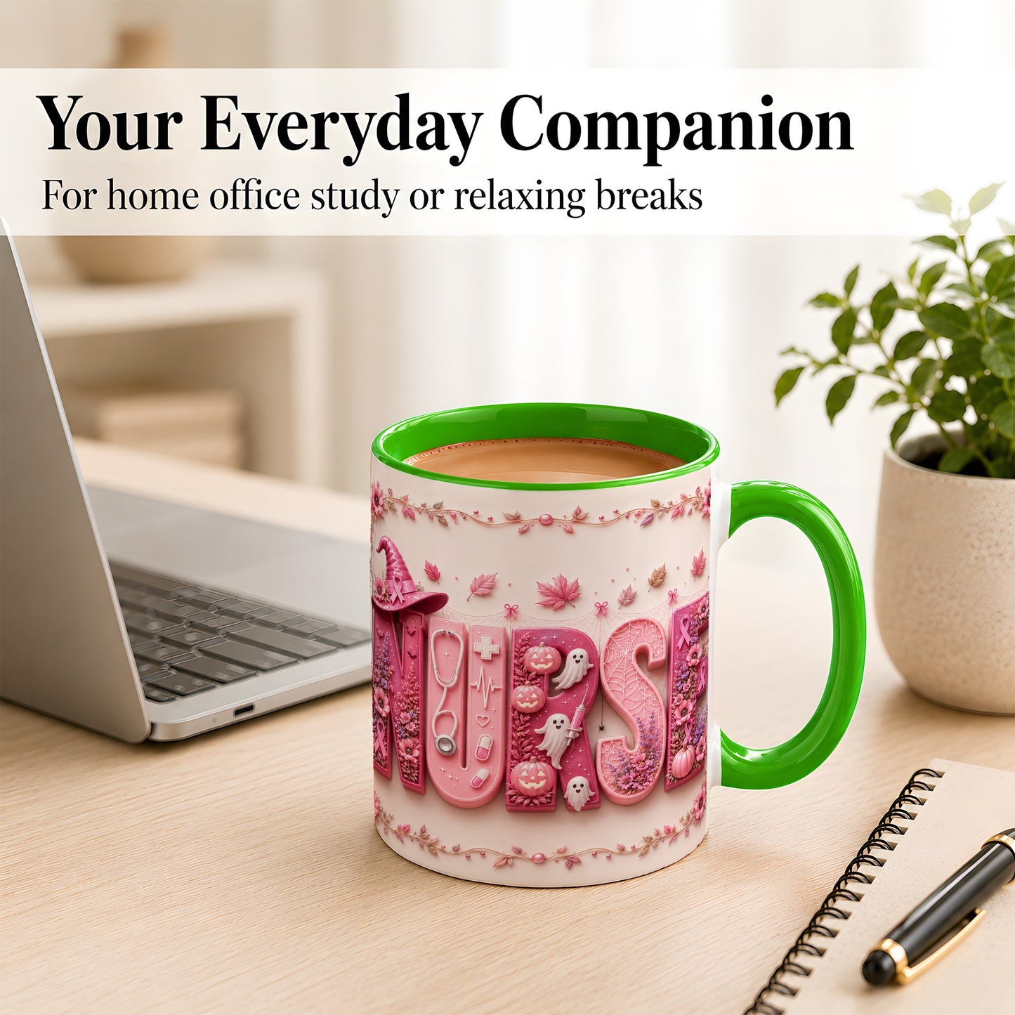 #pl[11oz|Green] Nurse Halloween Coffee Mug, Pink Ribbon Mug, Ceramic Cup