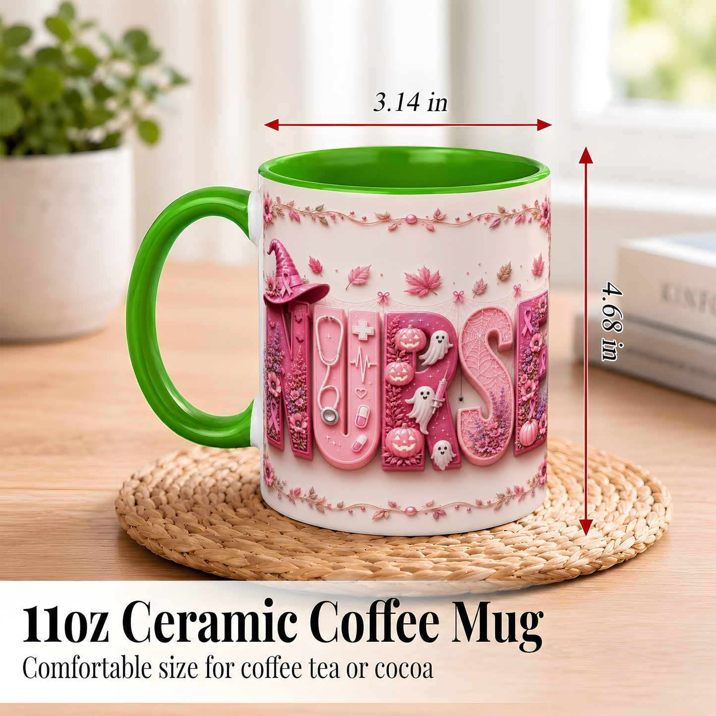 #pl[11oz|Green] Nurse Halloween Coffee Mug, Pink Ribbon Mug, Ceramic Cup
