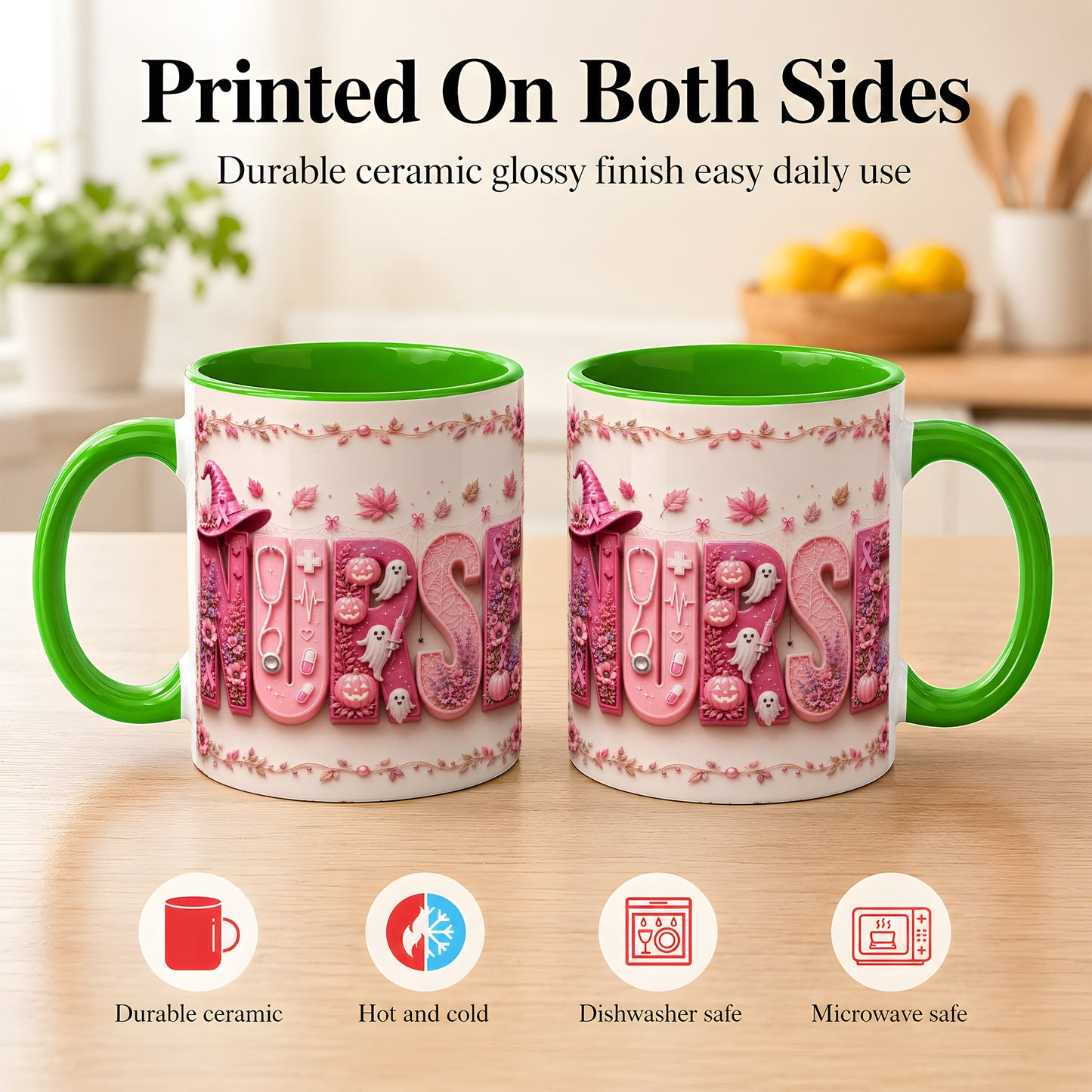 #pl[11oz|Green] Nurse Halloween Coffee Mug, Pink Ribbon Mug, Ceramic Cup