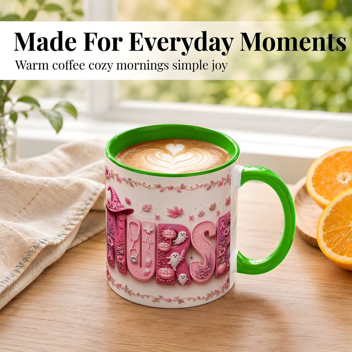 #pl[11oz|Green] Nurse Halloween Coffee Mug, Pink Ribbon Mug, Ceramic Cup