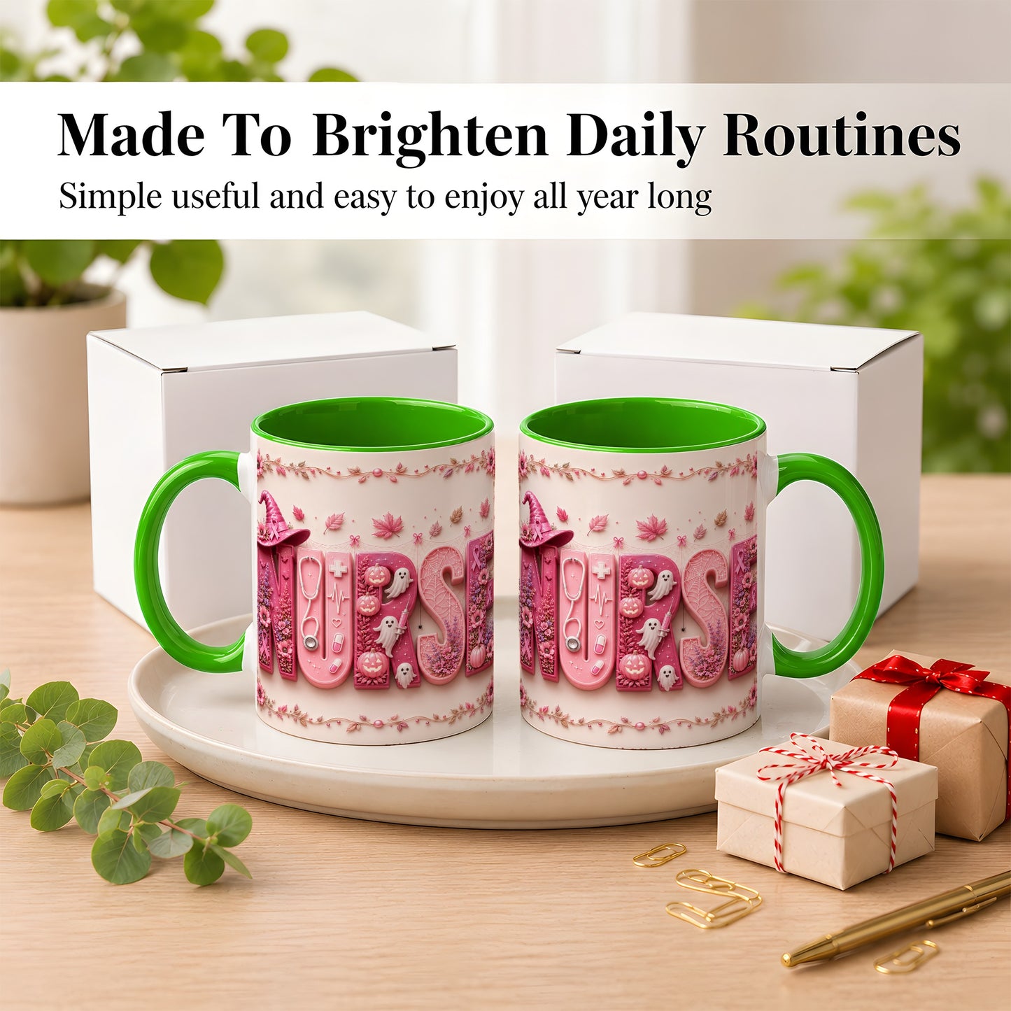 #pl[11oz|Green] Nurse Halloween Coffee Mug, Pink Ribbon Mug, Ceramic Cup