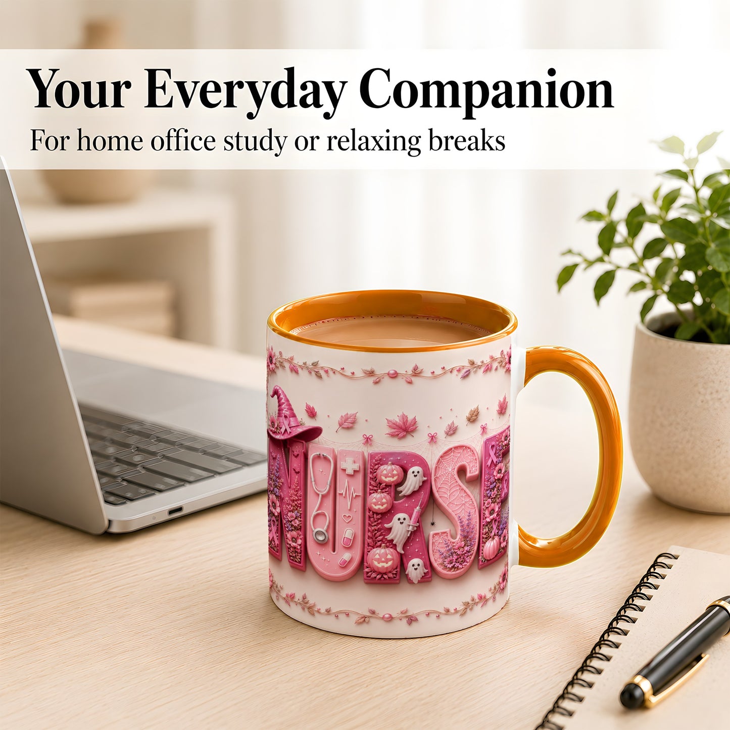 #pl[11oz|Orange] Nurse Halloween Coffee Mug, Pink Ribbon Mug, Ceramic Cup