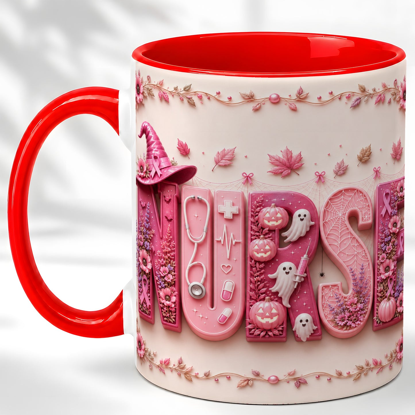 #pl[11oz|Red] Nurse Halloween Coffee Mug, Pink Ribbon Mug, Ceramic Cup