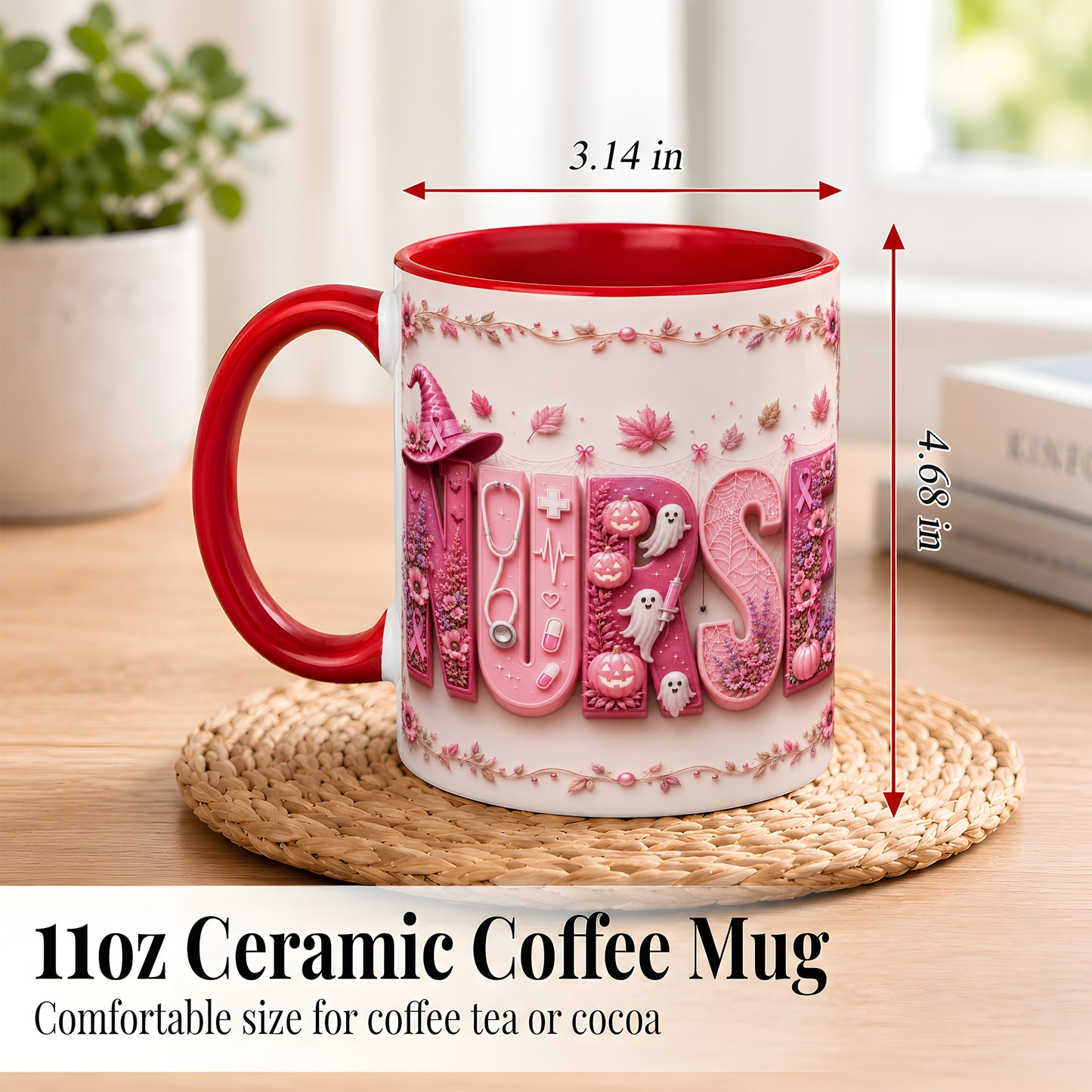 #pl[11oz|Red] Nurse Halloween Coffee Mug, Pink Ribbon Mug, Ceramic Cup