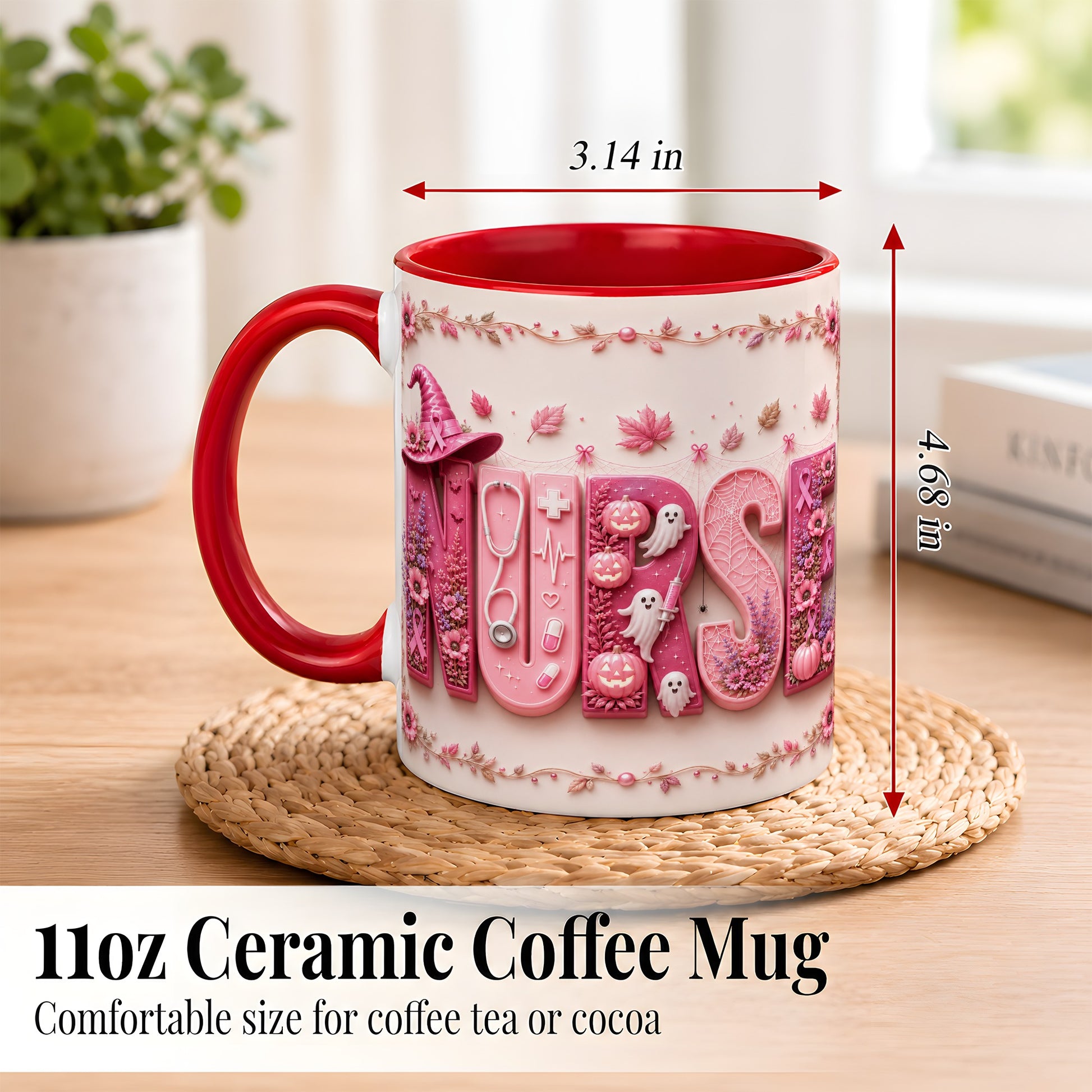 #pl[11oz|Red] Nurse Halloween Coffee Mug, Pink Ribbon Mug, Ceramic Cup