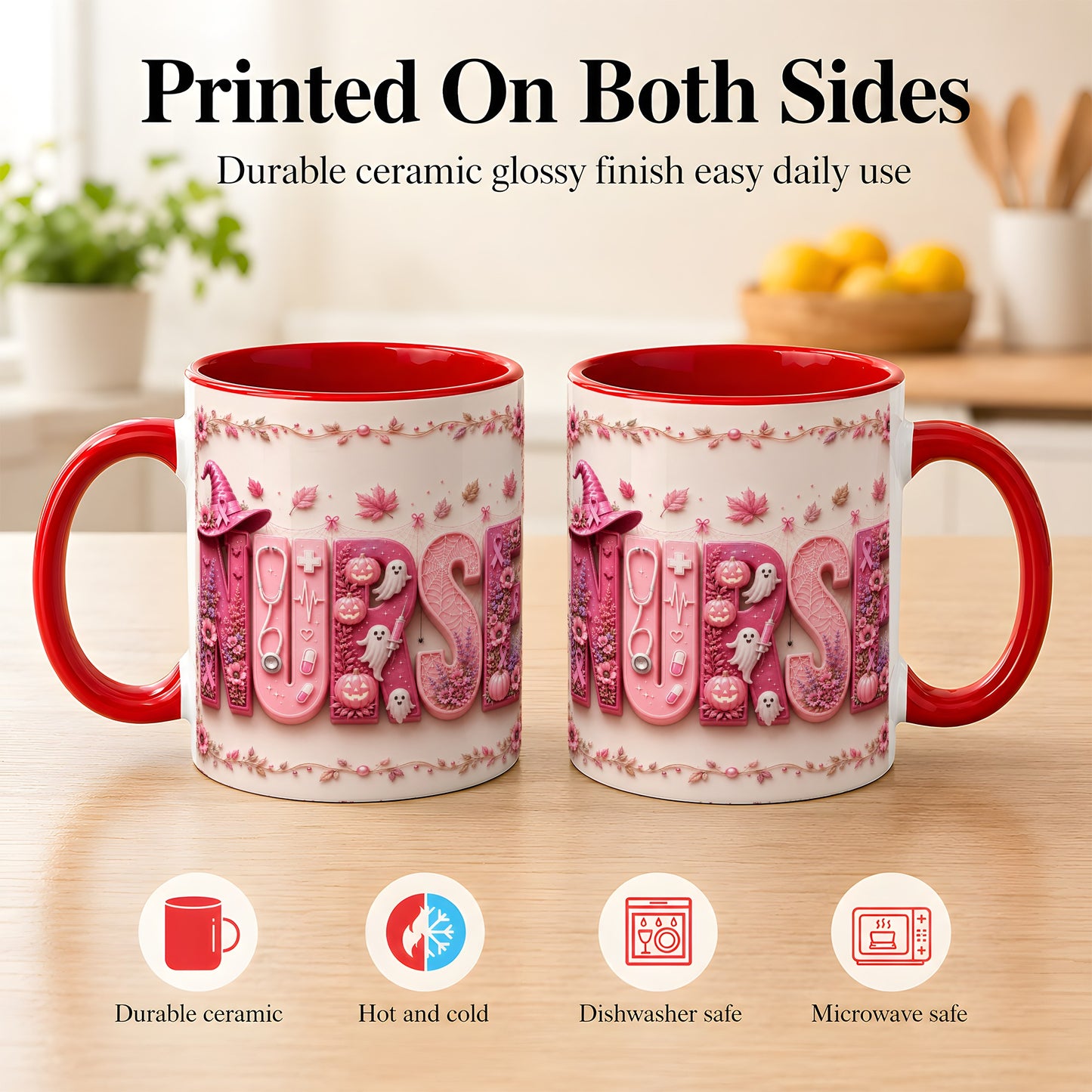 #pl[11oz|Red] Nurse Halloween Coffee Mug, Pink Ribbon Mug, Ceramic Cup