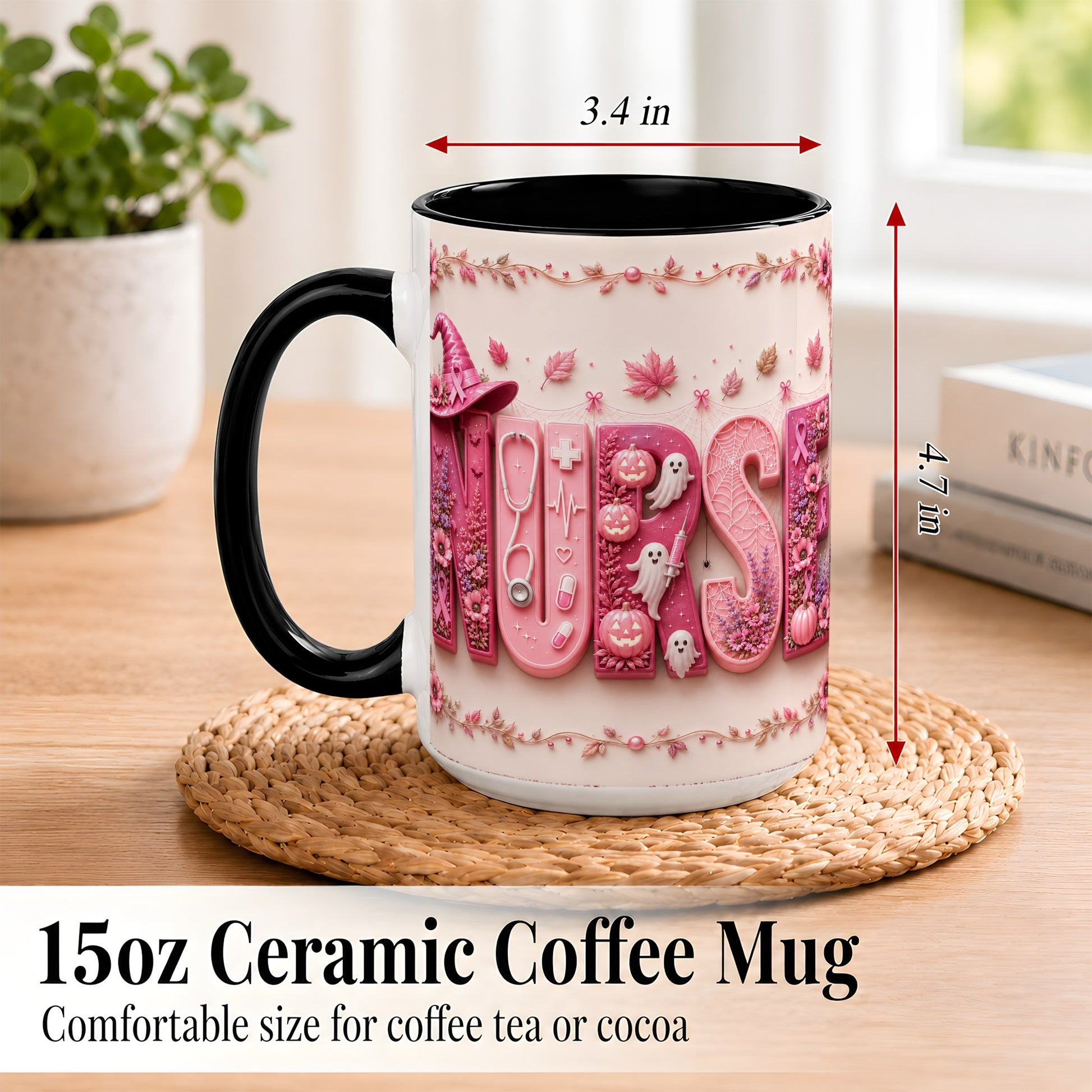 #pl[15oz|Black] Nurse Halloween Coffee Mug, Pink Ribbon Mug, Ceramic Cup