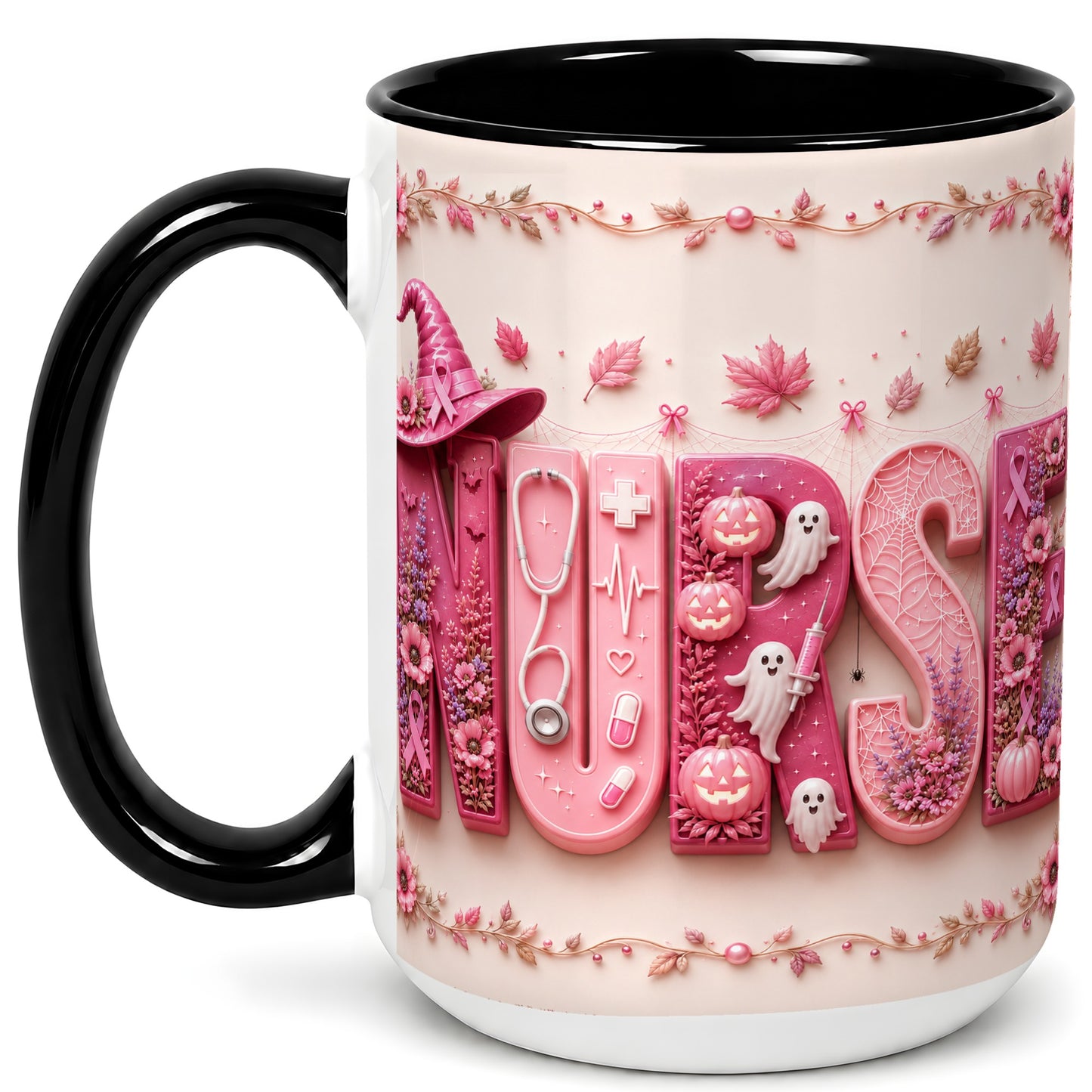 #pl[15oz|Black] Nurse Halloween Coffee Mug, Pink Ribbon Mug, Ceramic Cup