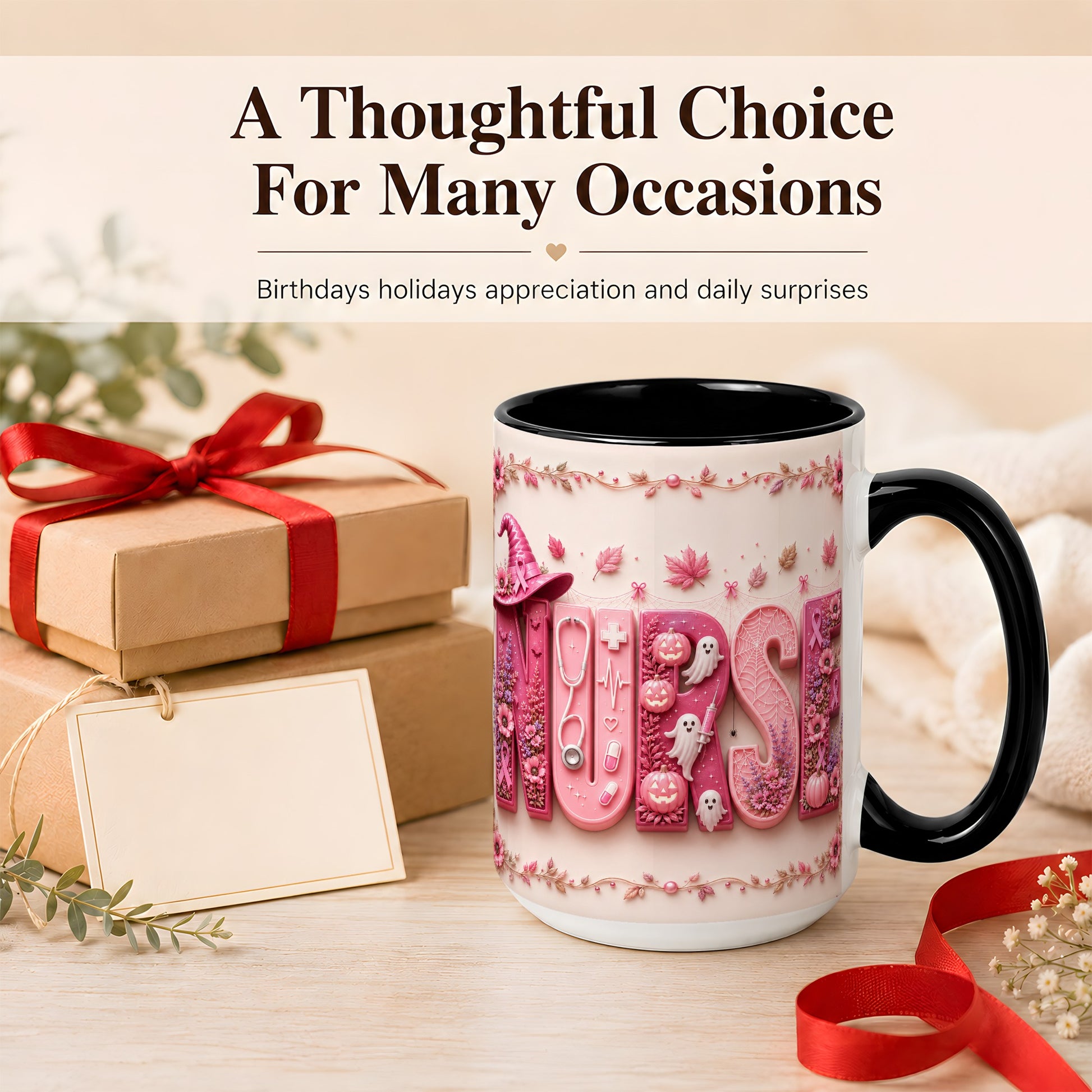 #pl[15oz|Black] Nurse Halloween Coffee Mug, Pink Ribbon Mug, Ceramic Cup