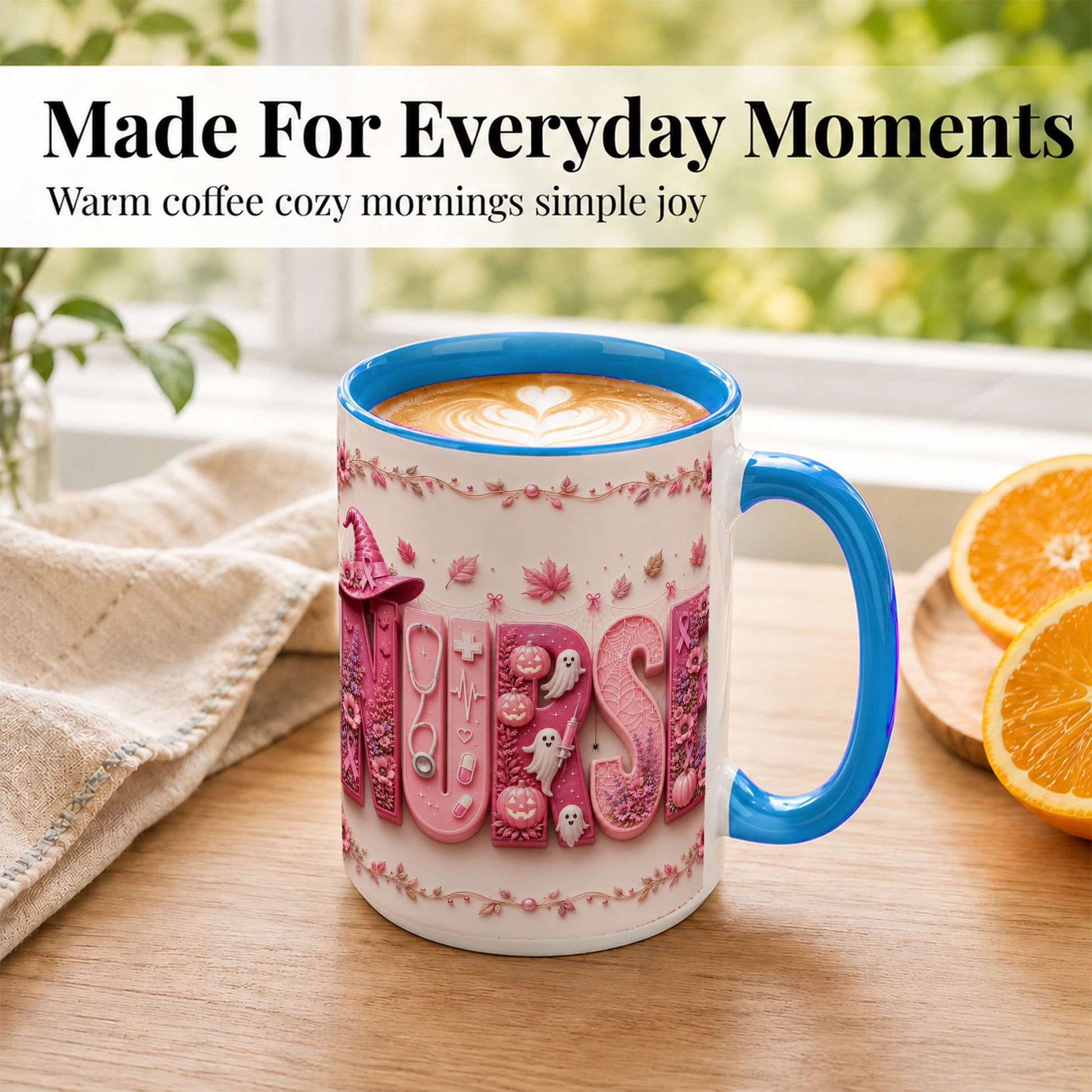 #pl[15oz|Blue] Nurse Halloween Coffee Mug, Pink Ribbon Mug, Ceramic Cup