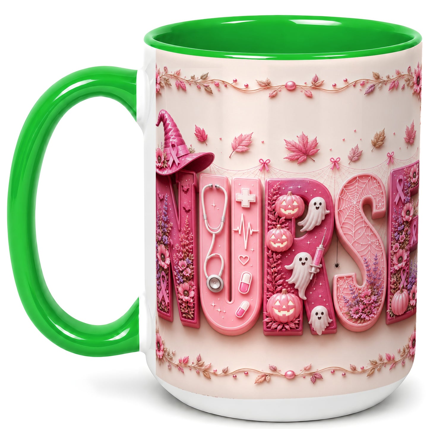 #pl[15oz|Green] Nurse Halloween Coffee Mug, Pink Ribbon Mug, Ceramic Cup