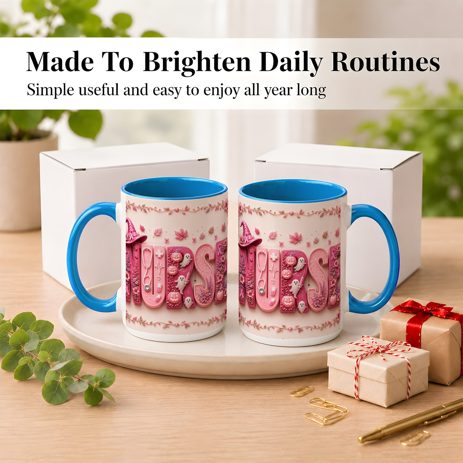 #pl[15oz|Blue] Nurse Halloween Coffee Mug, Pink Ribbon Mug, Ceramic Cup