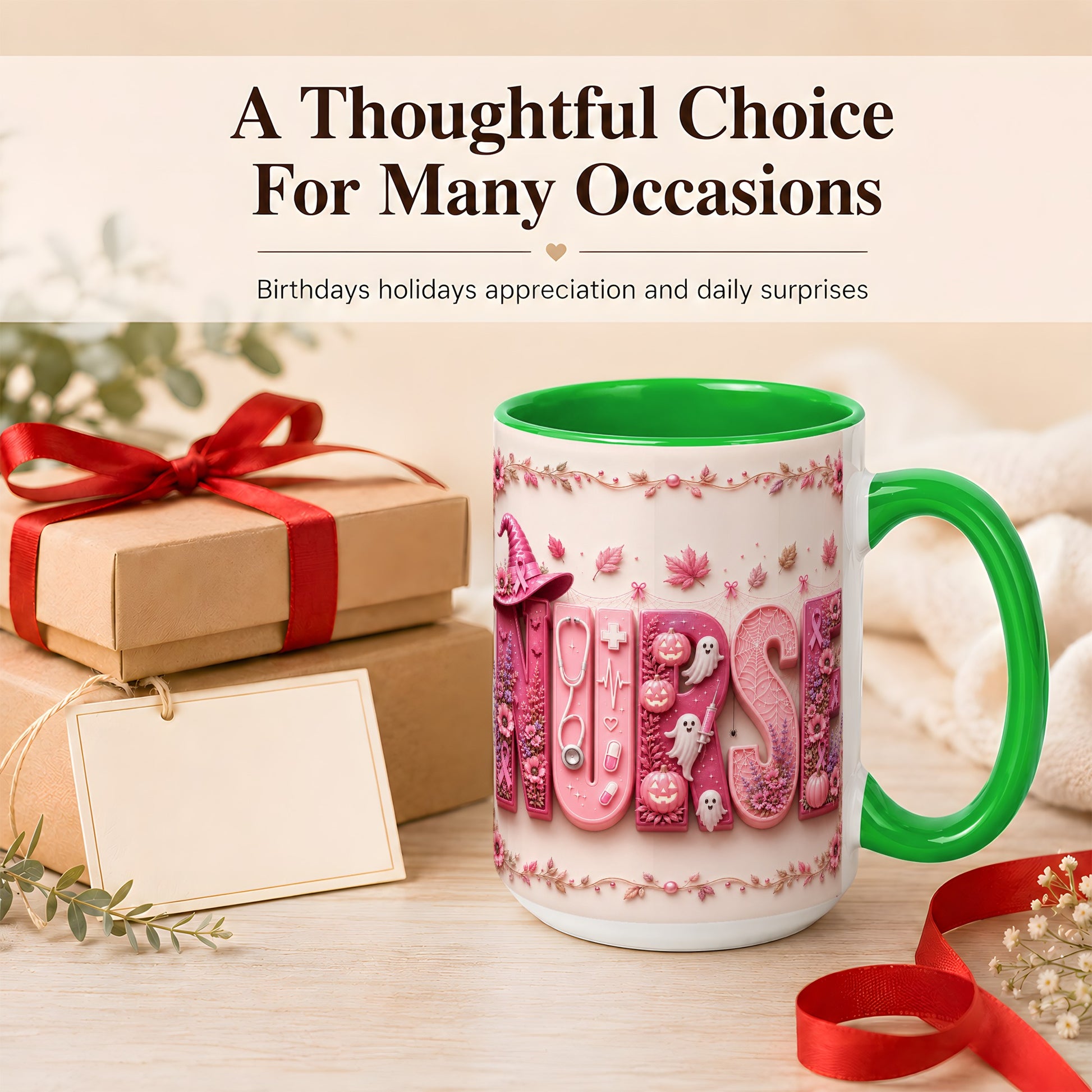 #pl[15oz|Green] Nurse Halloween Coffee Mug, Pink Ribbon Mug, Ceramic Cup