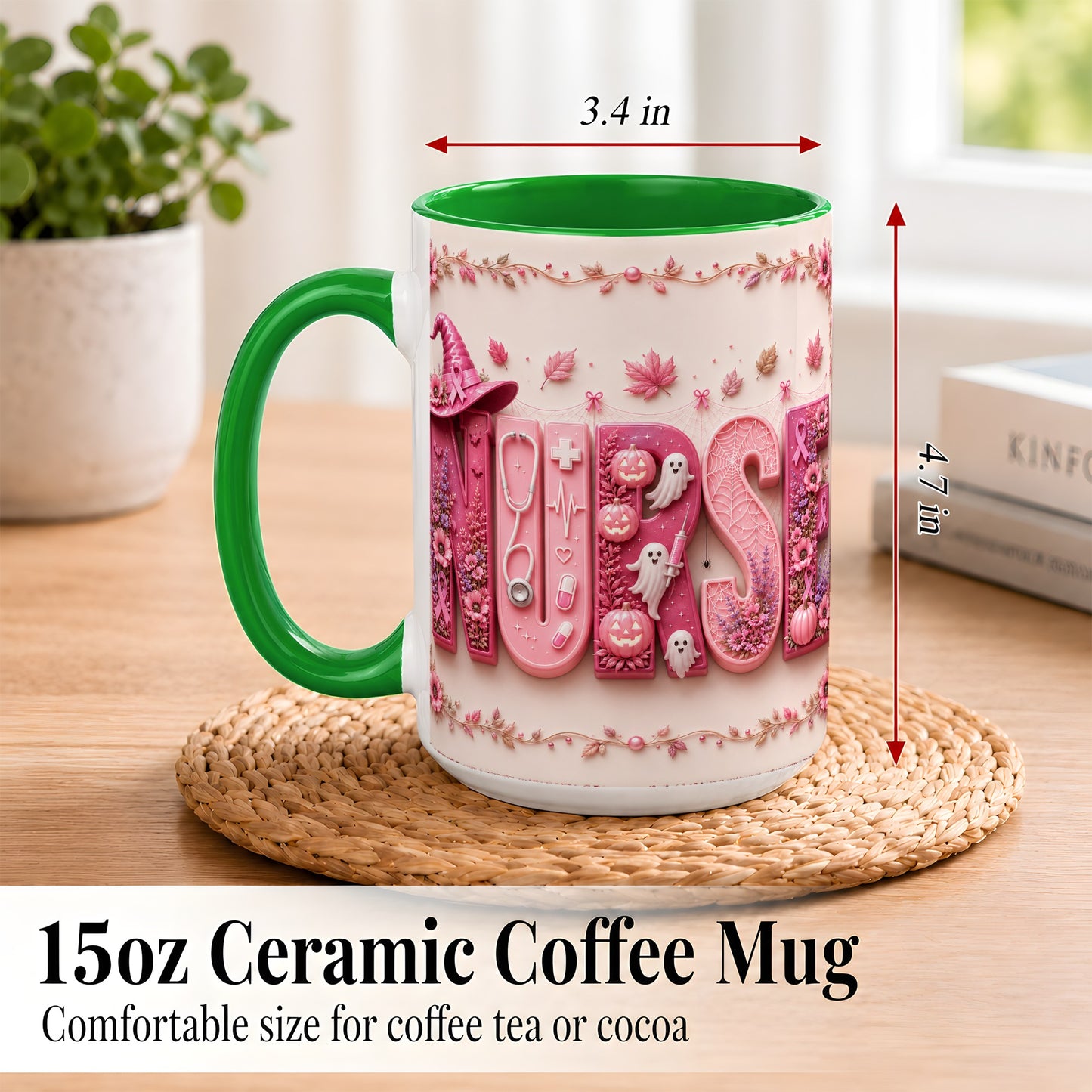 #pl[15oz|Green] Nurse Halloween Coffee Mug, Pink Ribbon Mug, Ceramic Cup