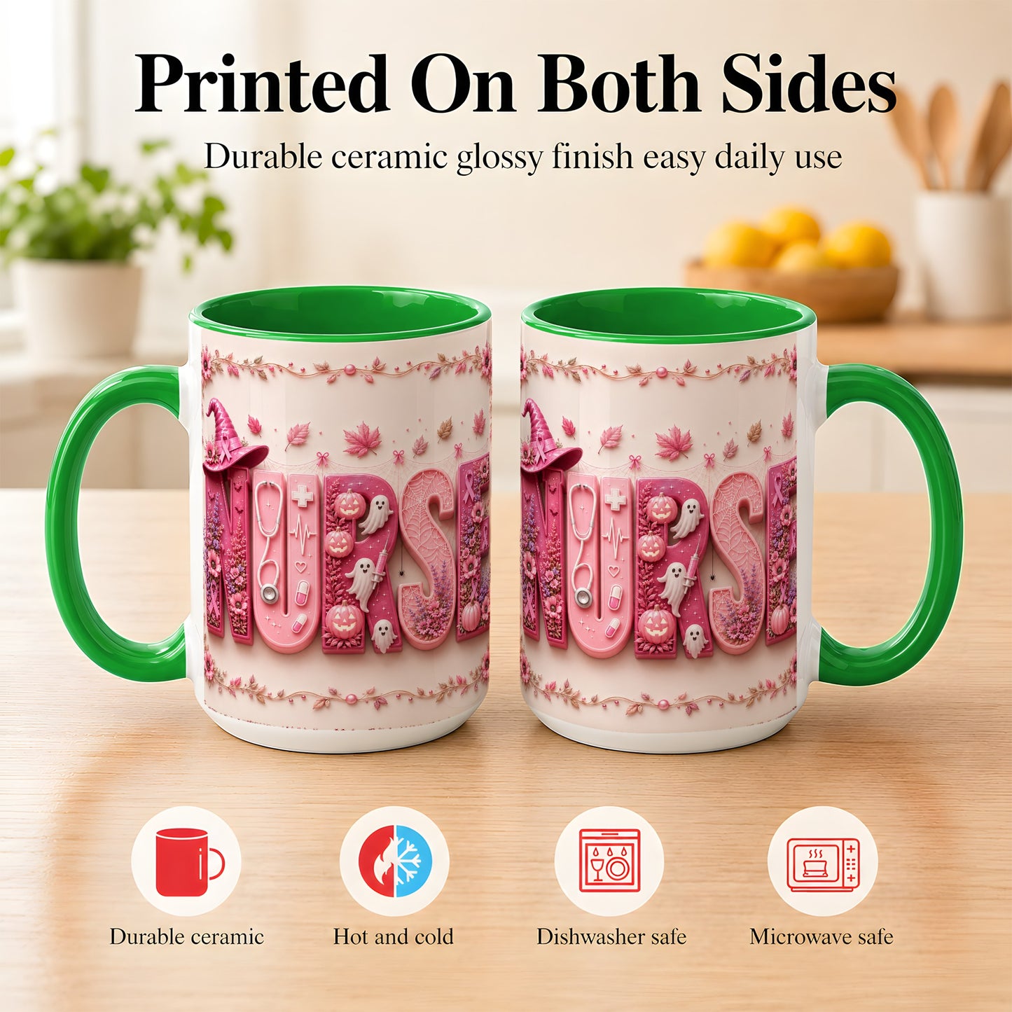 #pl[15oz|Green] Nurse Halloween Coffee Mug, Pink Ribbon Mug, Ceramic Cup