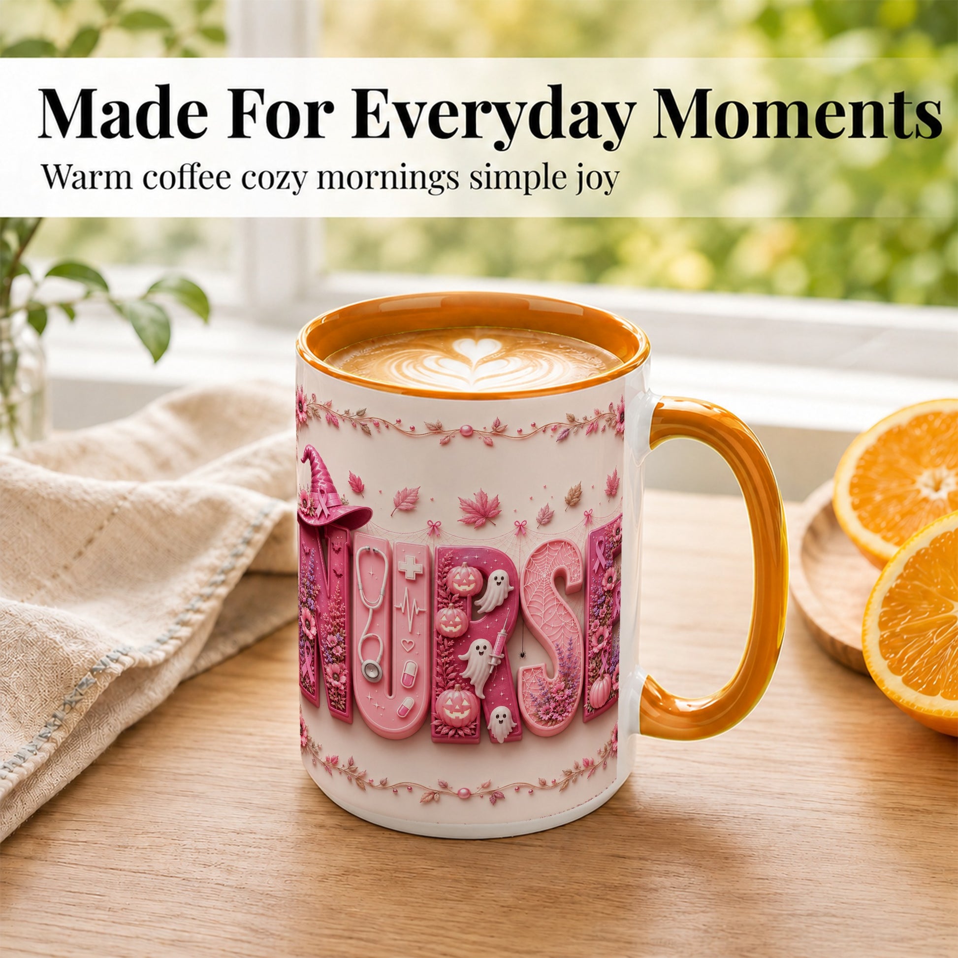 #pl[15oz|Orange] Nurse Halloween Coffee Mug, Pink Ribbon Mug, Ceramic Cup