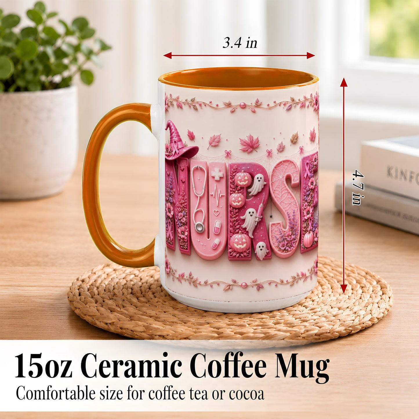 #pl[15oz|Orange] Nurse Halloween Coffee Mug, Pink Ribbon Mug, Ceramic Cup