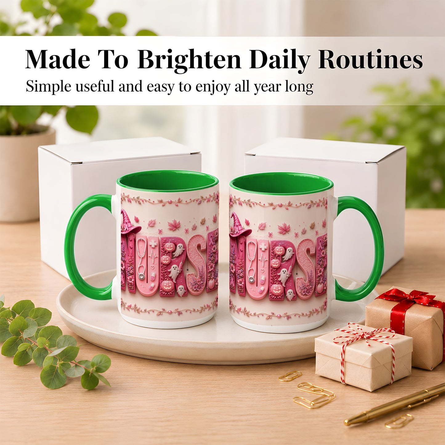 #pl[15oz|Green] Nurse Halloween Coffee Mug, Pink Ribbon Mug, Ceramic Cup