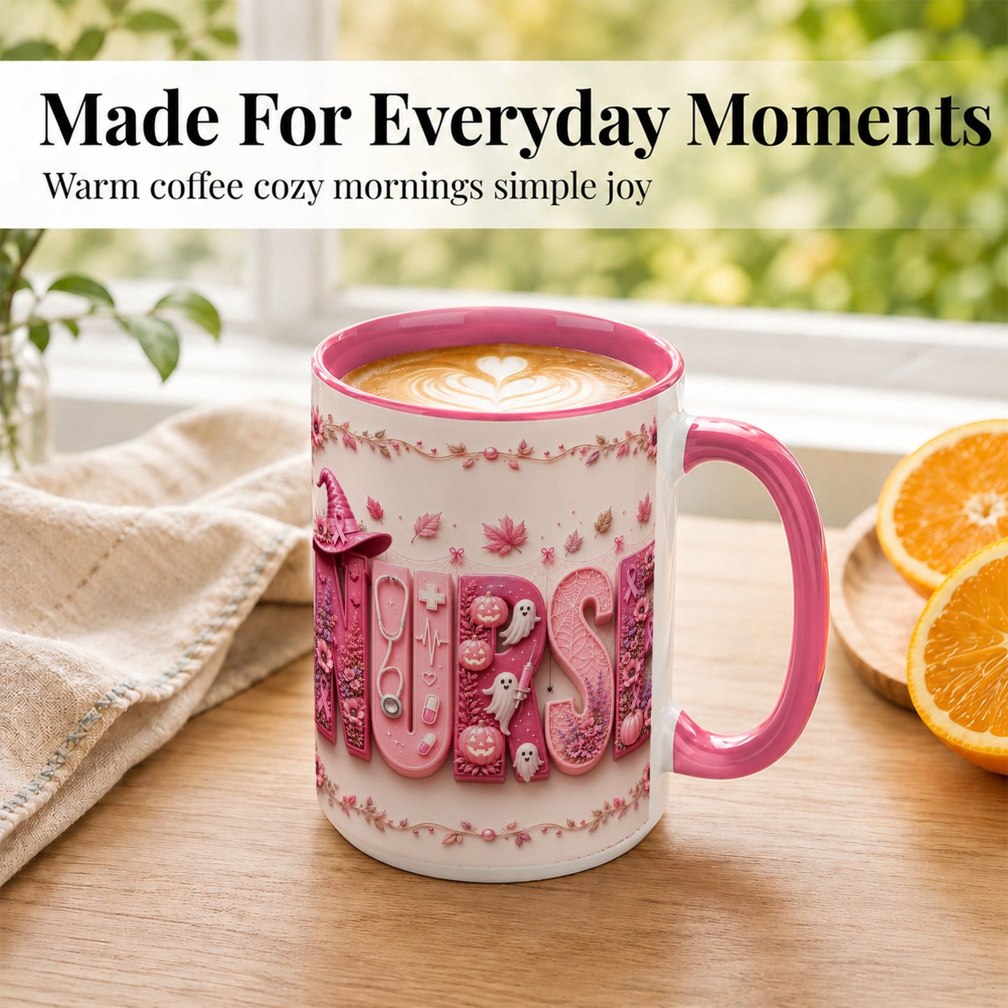 #pl[15oz|Pink] Nurse Halloween Coffee Mug, Pink Ribbon Mug, Ceramic Cup