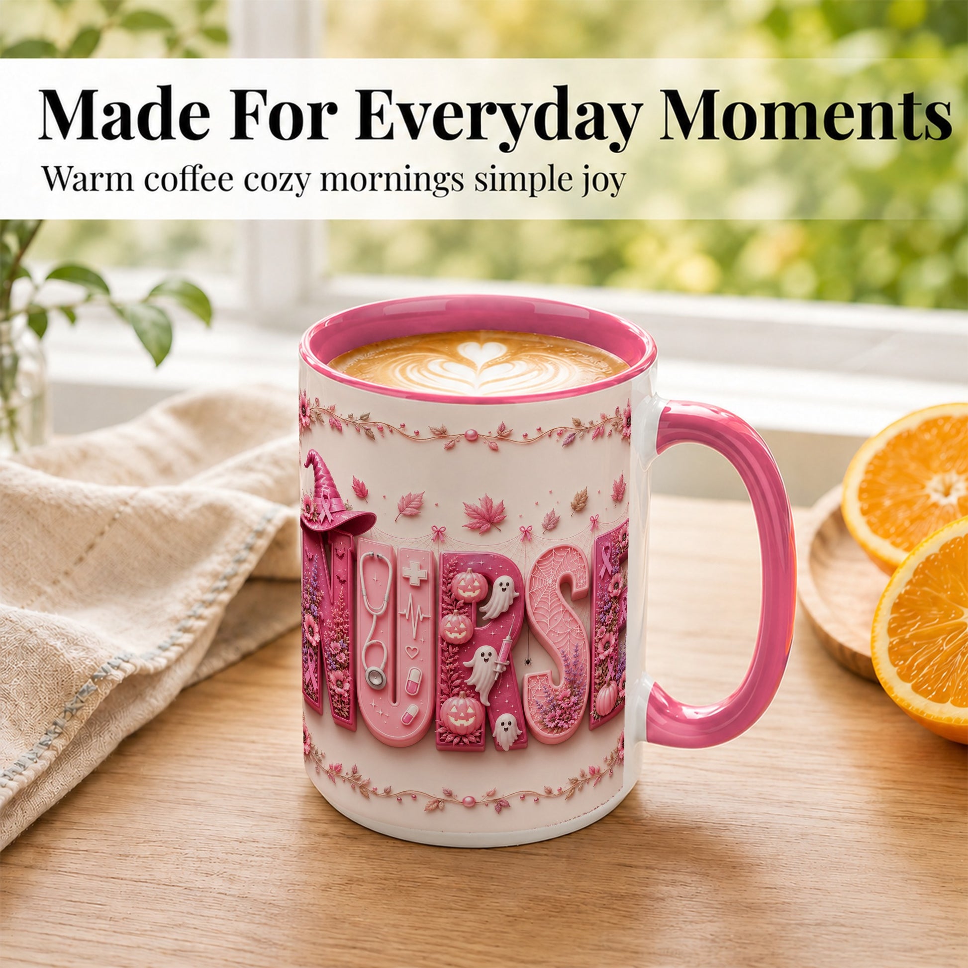 #pl[15oz|Pink] Nurse Halloween Coffee Mug, Pink Ribbon Mug, Ceramic Cup