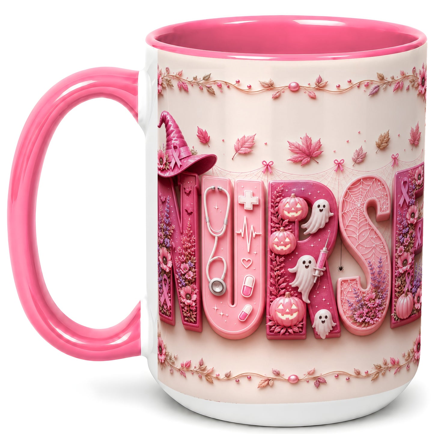 #pl[15oz|Pink] Nurse Halloween Coffee Mug, Pink Ribbon Mug, Ceramic Cup