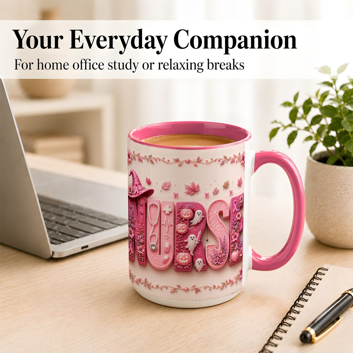 #pl[15oz|Pink] Nurse Halloween Coffee Mug, Pink Ribbon Mug, Ceramic Cup