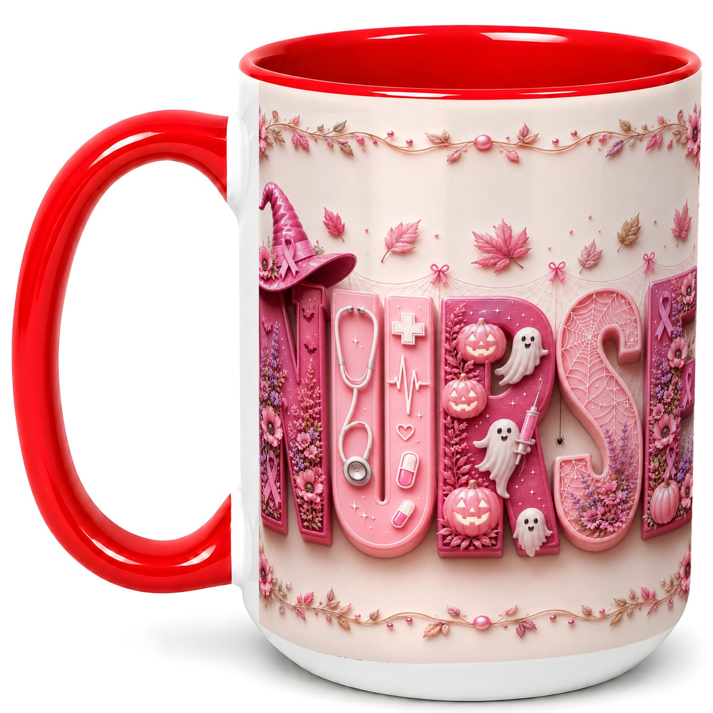 #pl[15oz|Red] Nurse Halloween Coffee Mug, Pink Ribbon Mug, Ceramic Cup