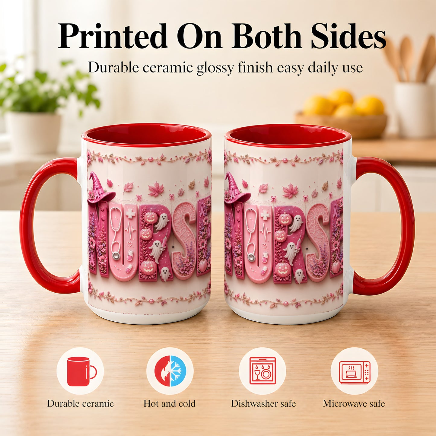 #pl[15oz|Red] Nurse Halloween Coffee Mug, Pink Ribbon Mug, Ceramic Cup