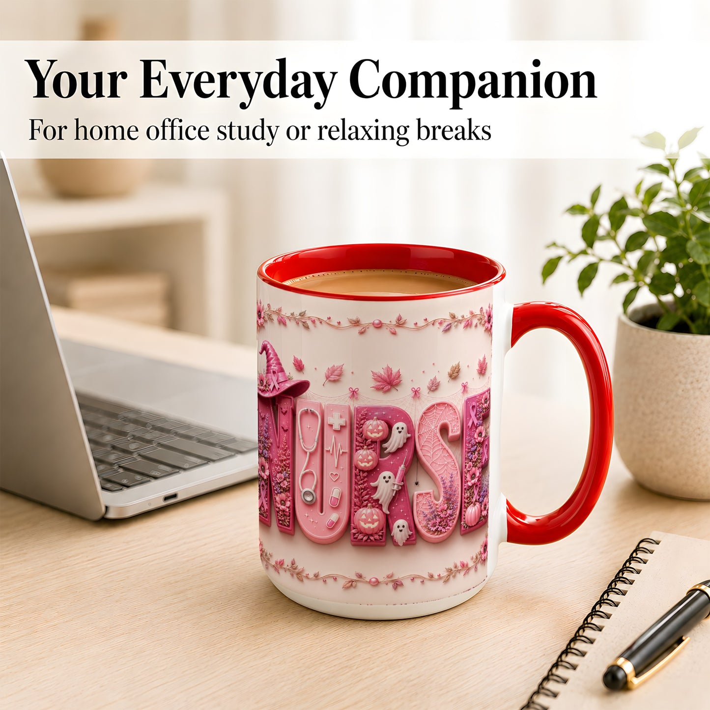 #pl[15oz|Red] Nurse Halloween Coffee Mug, Pink Ribbon Mug, Ceramic Cup