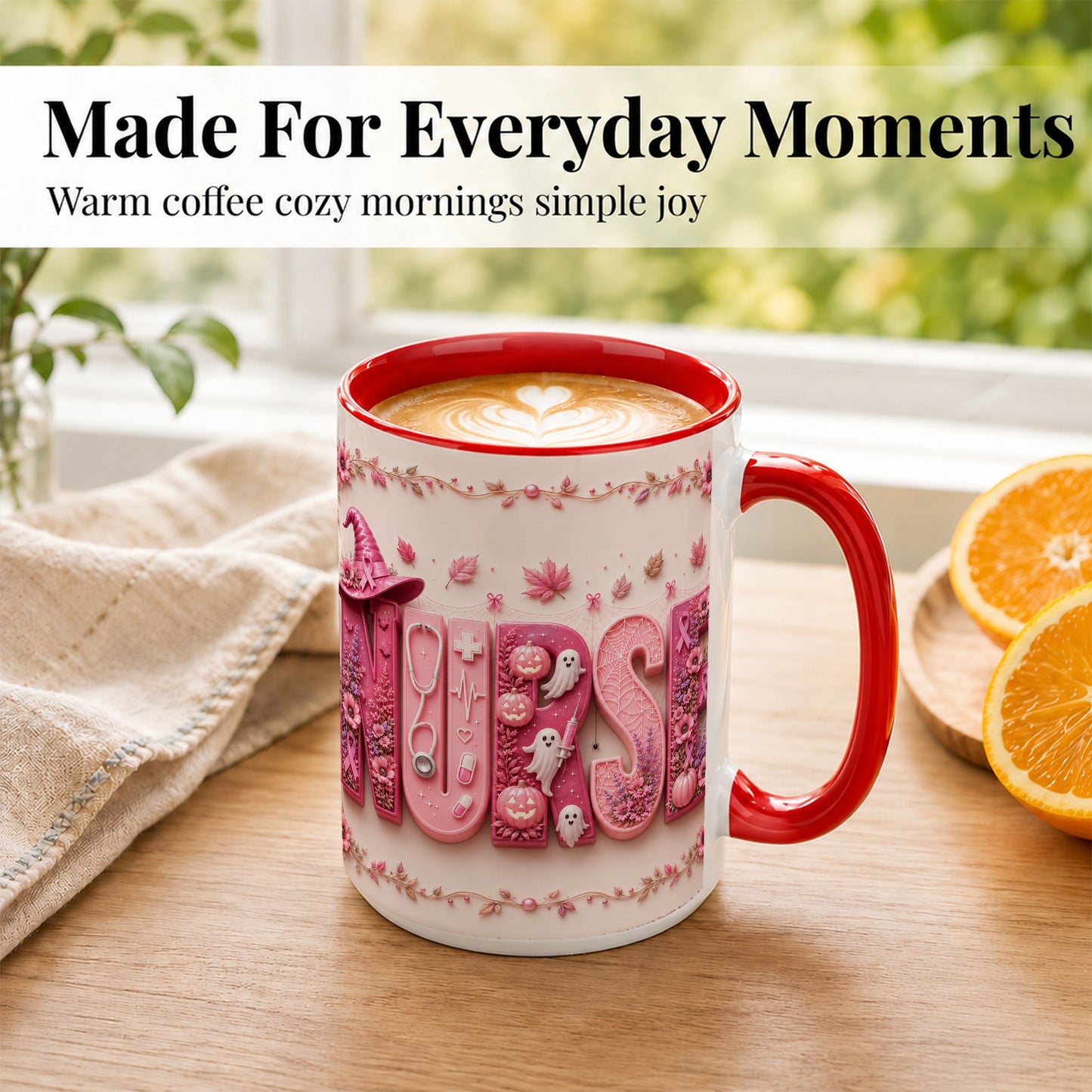 #pl[15oz|Red] Nurse Halloween Coffee Mug, Pink Ribbon Mug, Ceramic Cup