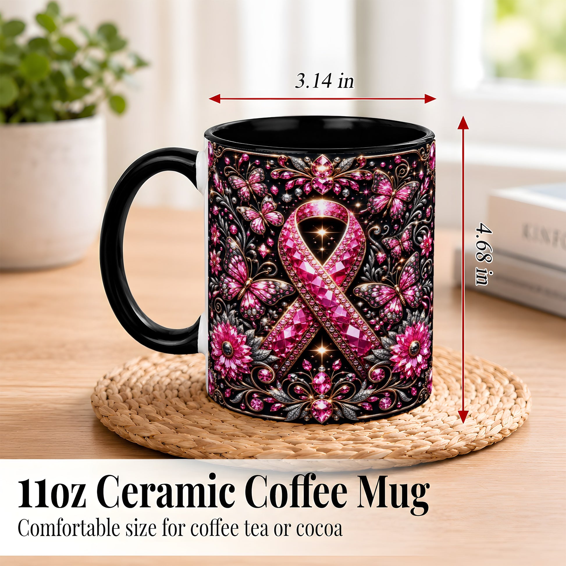 #pl[11oz|Black] Breast Cancer Awareness Coffee Mug, Pink Ribbon Mug, Ceramic Cup