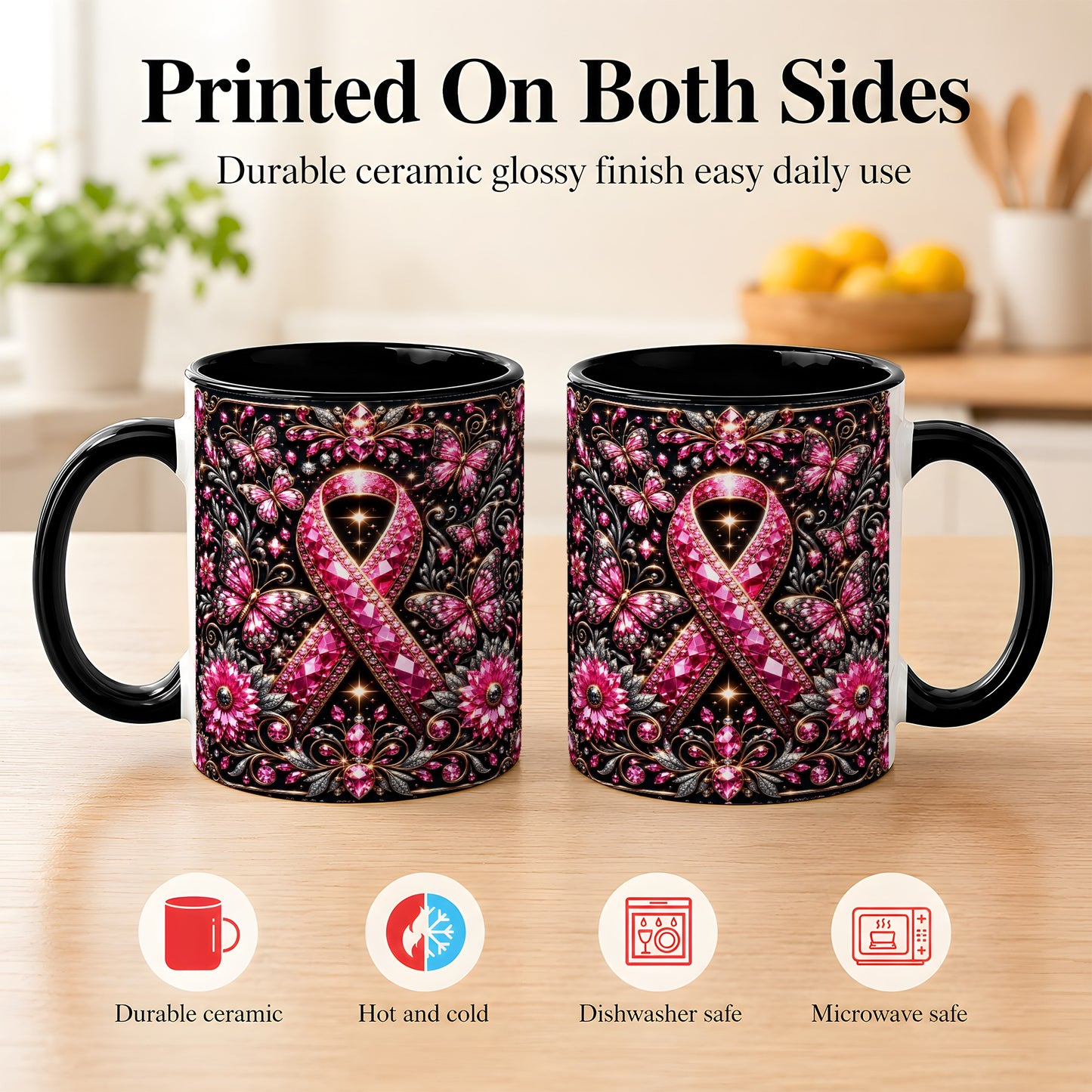 #pl[11oz|Black] Breast Cancer Awareness Coffee Mug, Pink Ribbon Mug, Ceramic Cup