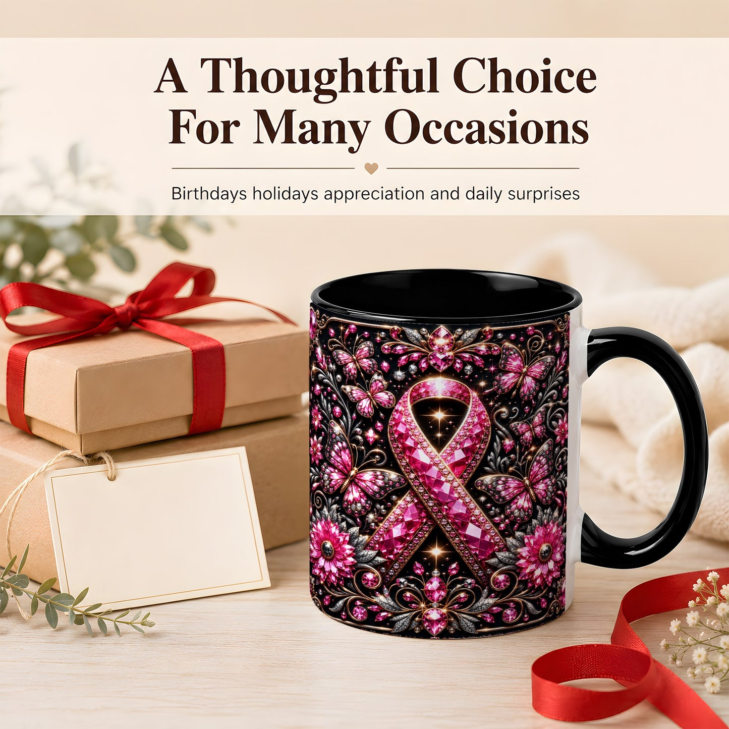 #pl[11oz|Black] Breast Cancer Awareness Coffee Mug, Pink Ribbon Mug, Ceramic Cup