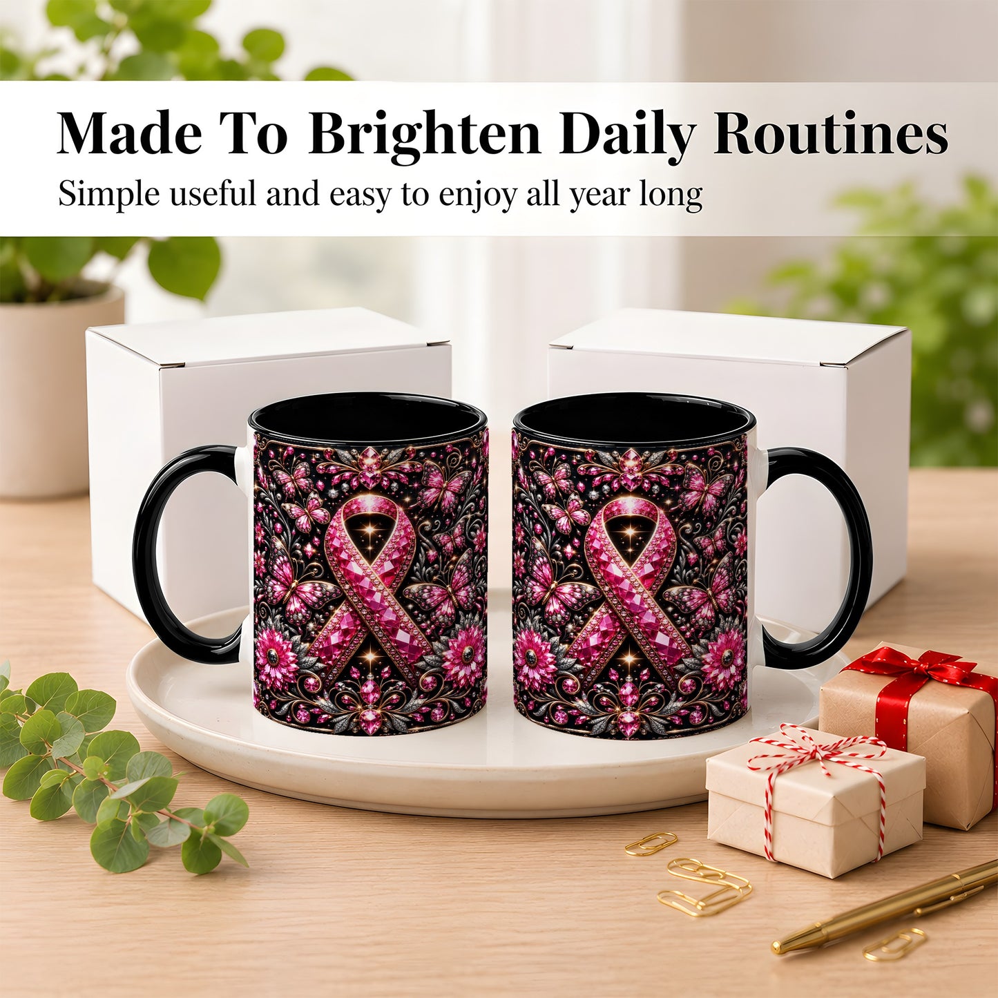 #pl[11oz|Black] Breast Cancer Awareness Coffee Mug, Pink Ribbon Mug, Ceramic Cup