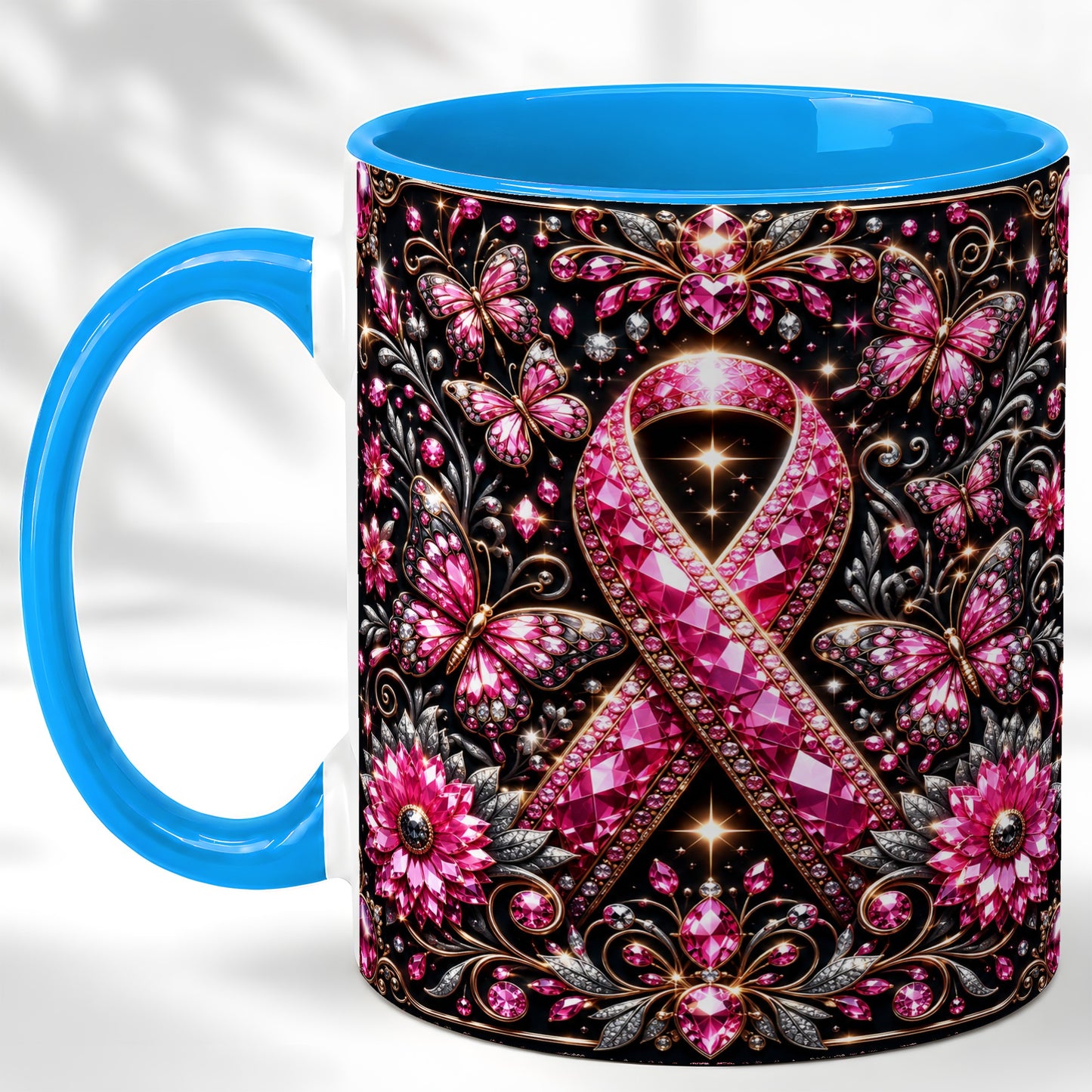 #pl[11oz|Blue] Breast Cancer Awareness Coffee Mug, Pink Ribbon Mug, Ceramic Cup