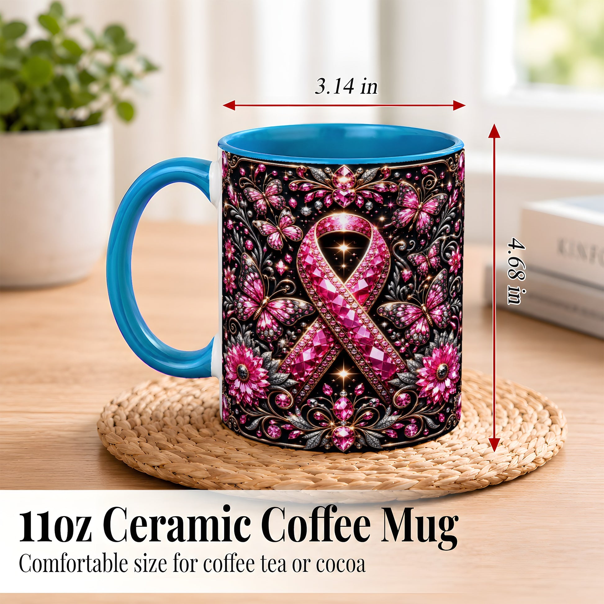 #pl[11oz|Blue] Breast Cancer Awareness Coffee Mug, Pink Ribbon Mug, Ceramic Cup