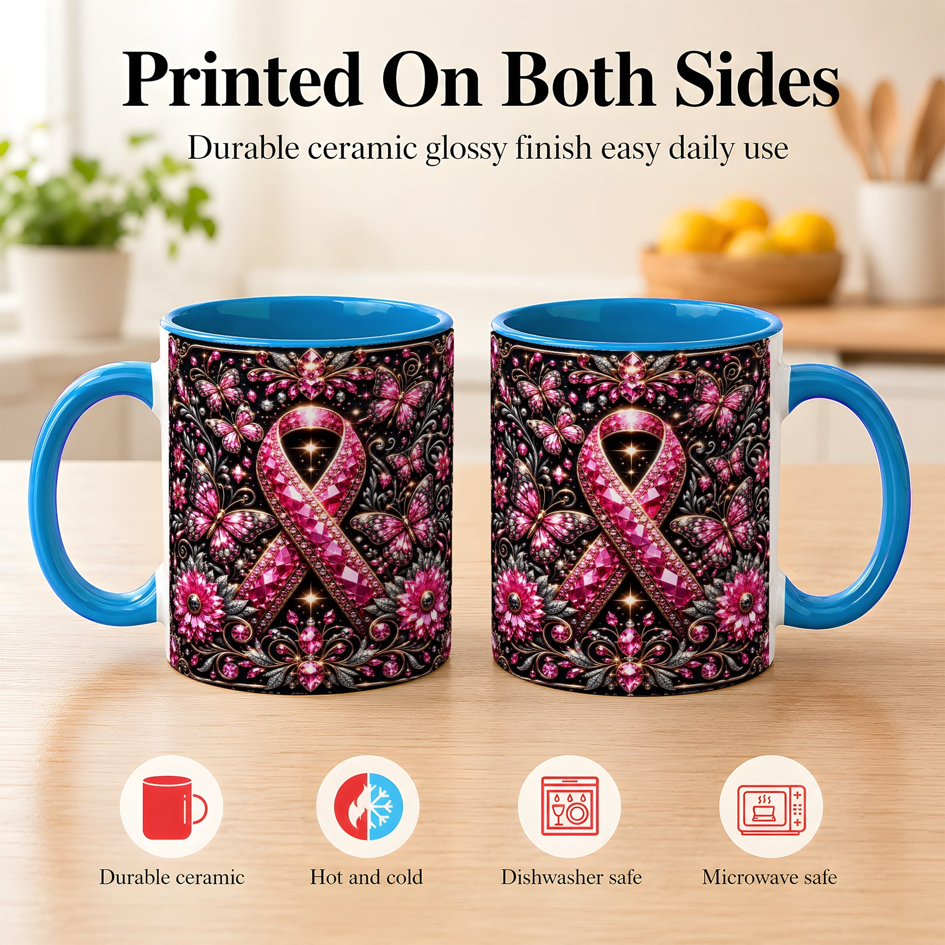 #pl[11oz|Blue] Breast Cancer Awareness Coffee Mug, Pink Ribbon Mug, Ceramic Cup