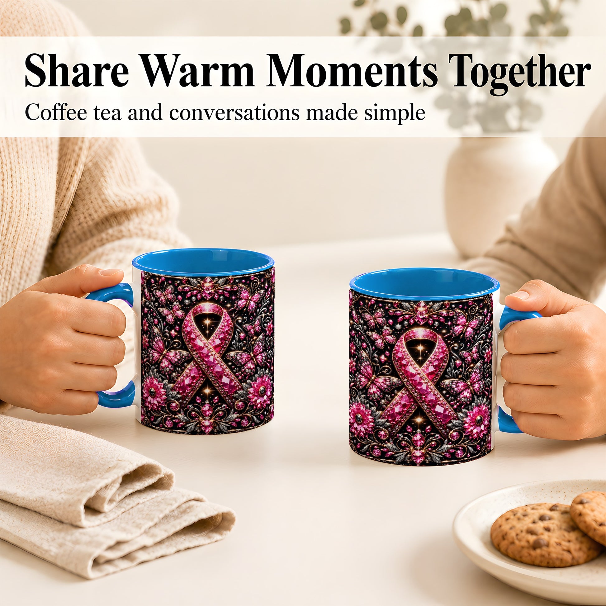 #pl[11oz|Blue] Breast Cancer Awareness Coffee Mug, Pink Ribbon Mug, Ceramic Cup