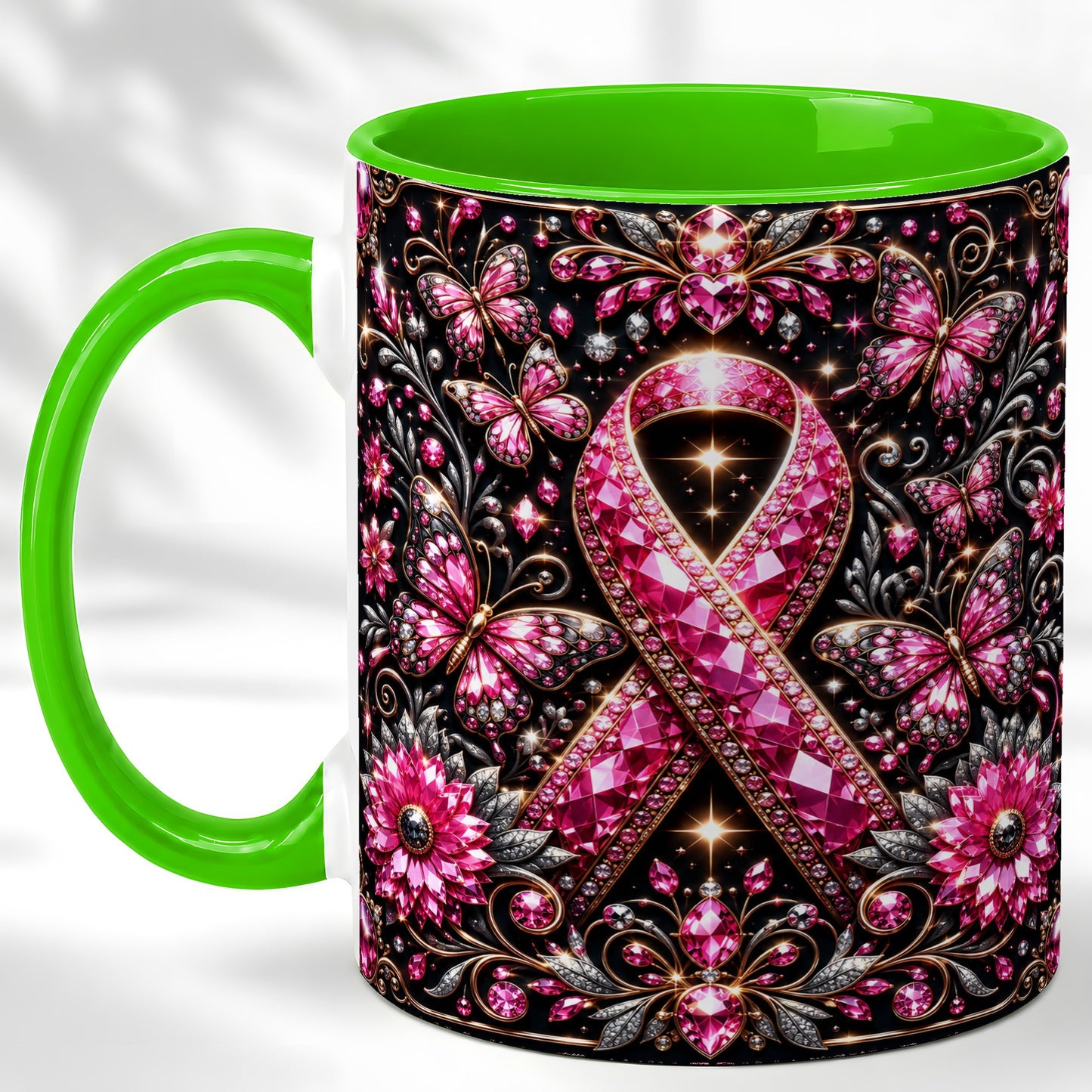 #pl[11oz|Green] Breast Cancer Awareness Coffee Mug, Pink Ribbon Mug, Ceramic Cup