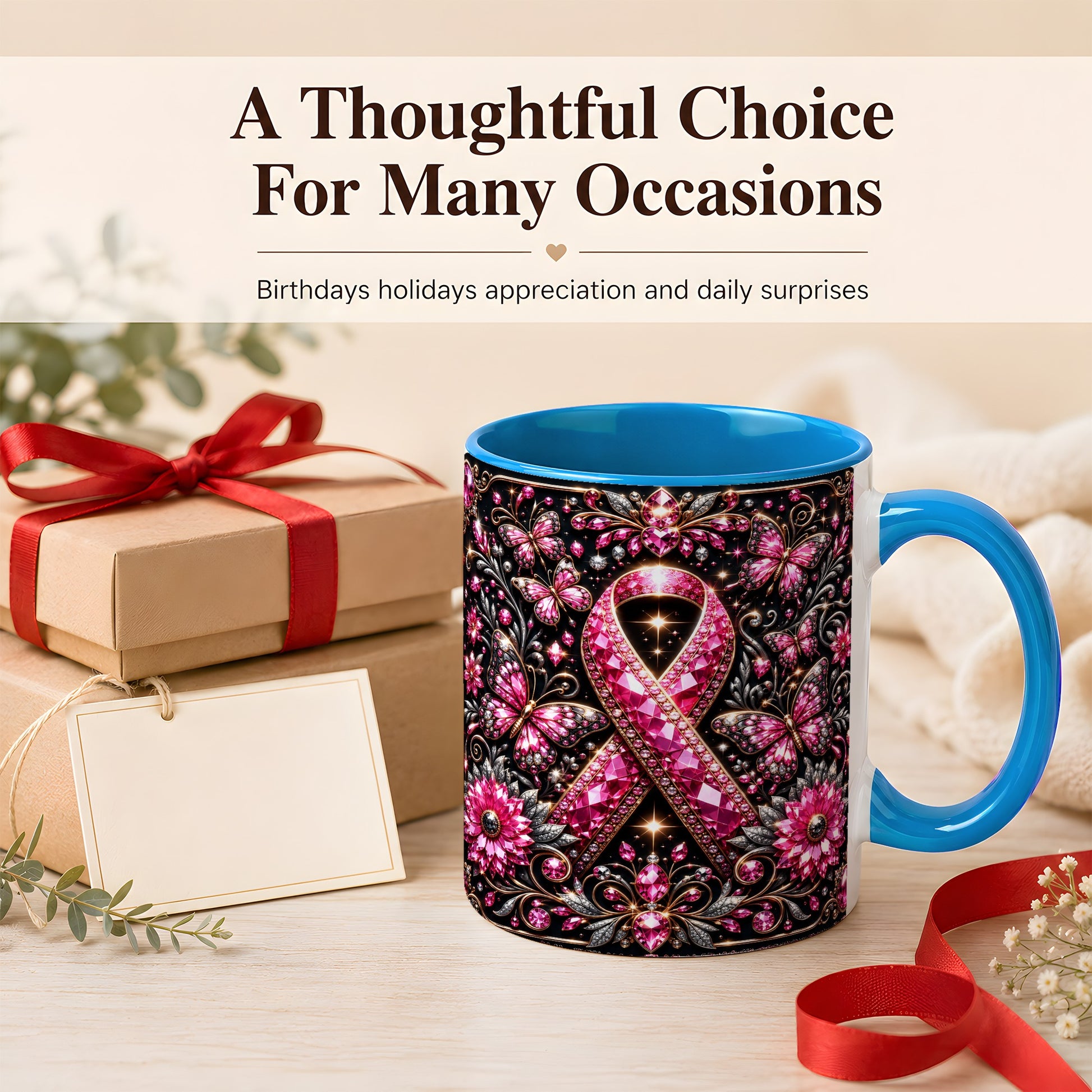 #pl[11oz|Blue] Breast Cancer Awareness Coffee Mug, Pink Ribbon Mug, Ceramic Cup