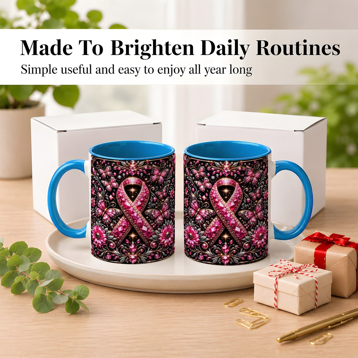 #pl[11oz|Blue] Breast Cancer Awareness Coffee Mug, Pink Ribbon Mug, Ceramic Cup