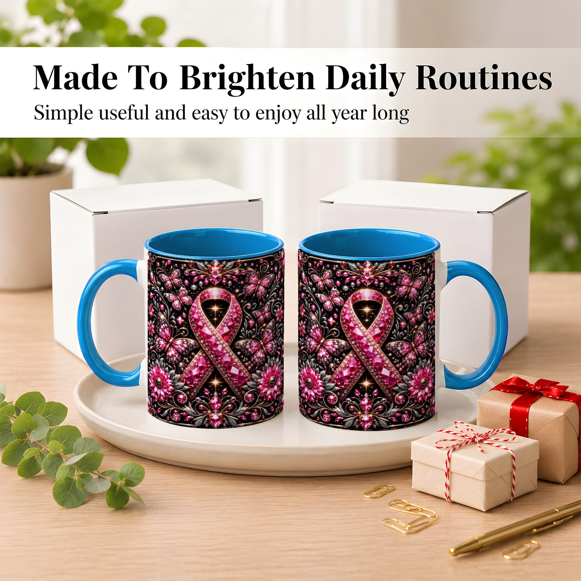 #pl[11oz|Blue] Breast Cancer Awareness Coffee Mug, Pink Ribbon Mug, Ceramic Cup