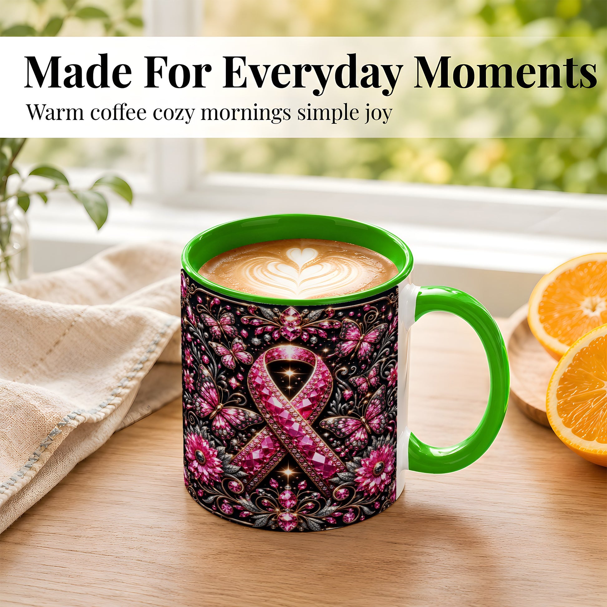 #pl[11oz|Green] Breast Cancer Awareness Coffee Mug, Pink Ribbon Mug, Ceramic Cup