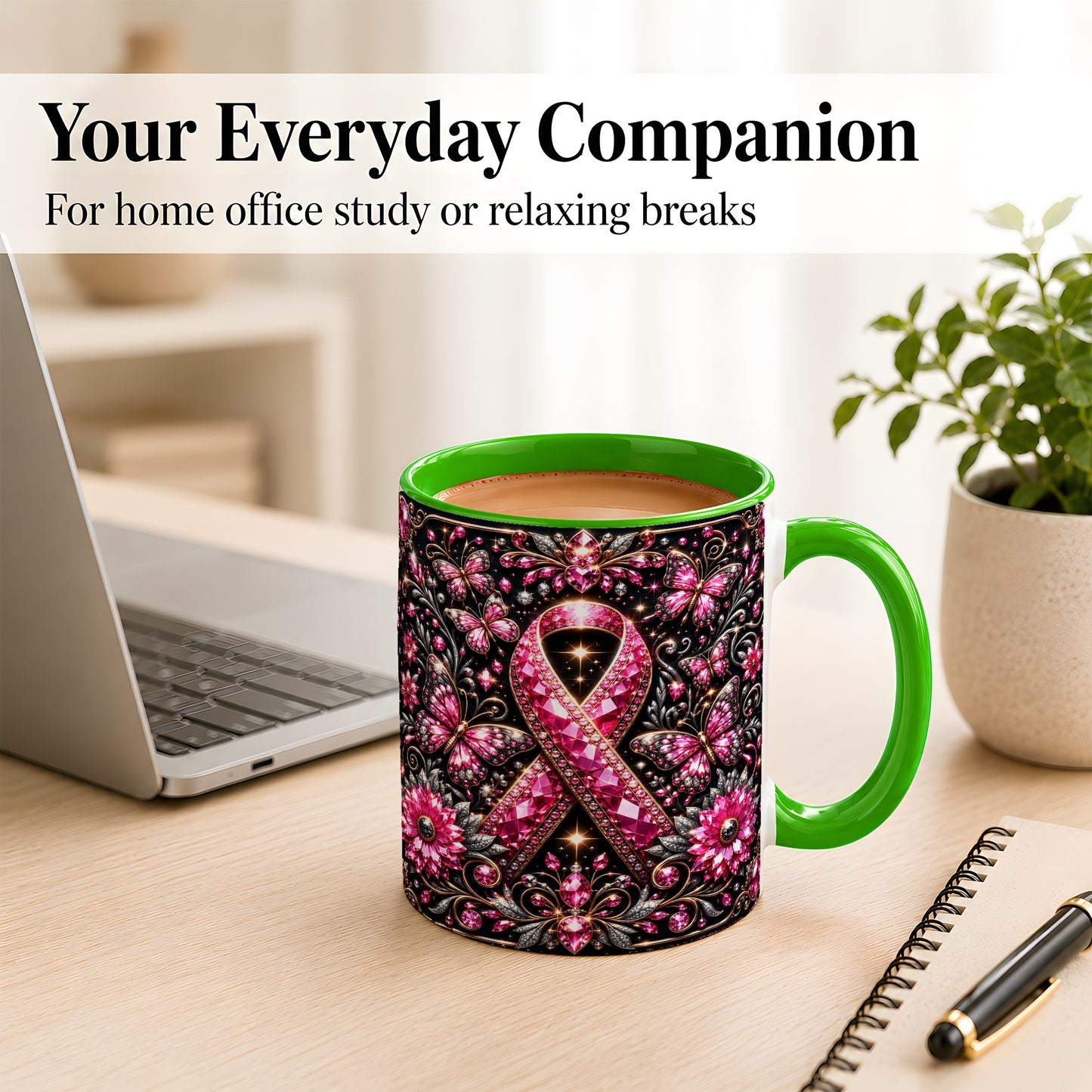 #pl[11oz|Green] Breast Cancer Awareness Coffee Mug, Pink Ribbon Mug, Ceramic Cup